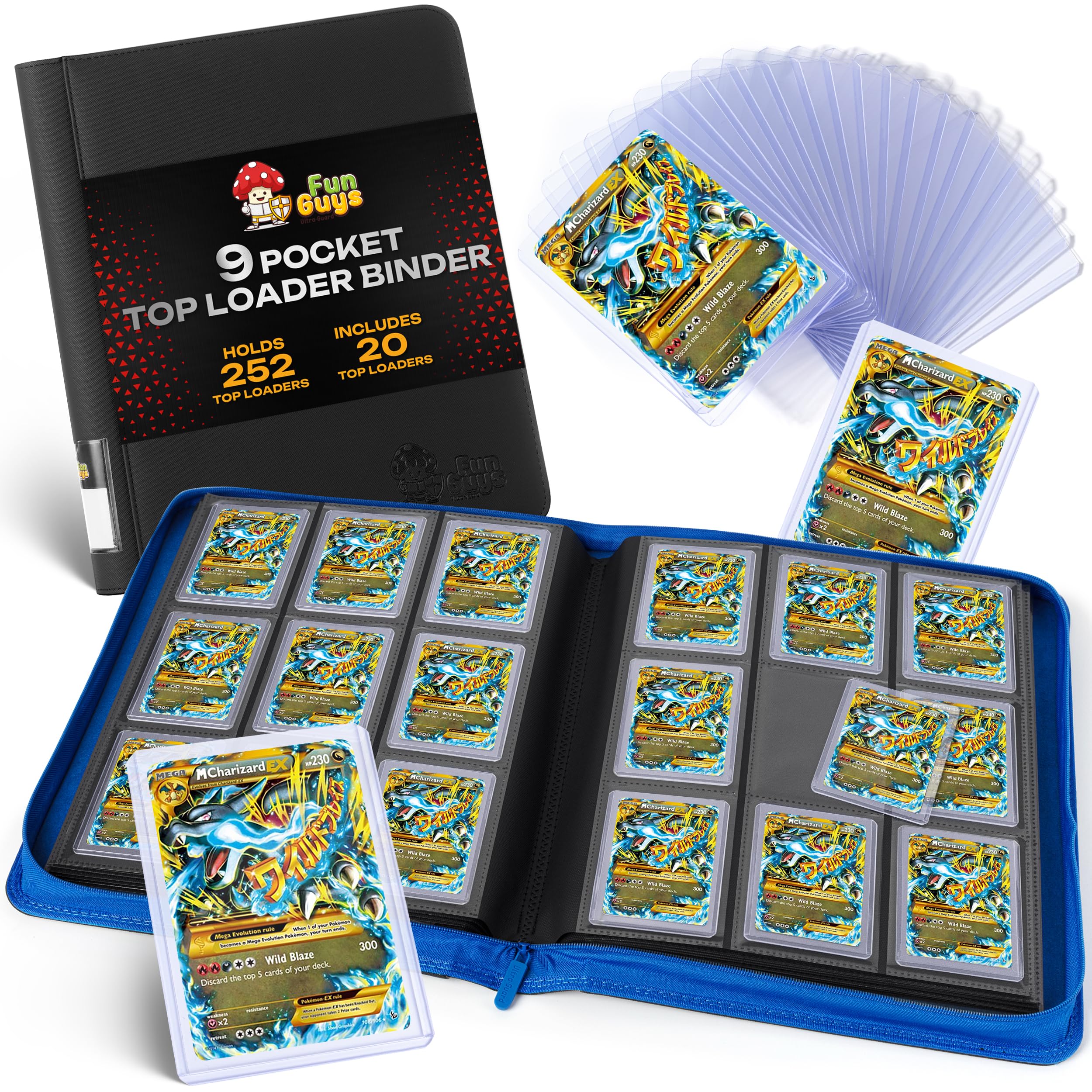 FunGuys Toploader Binder, Trading Card Binder Storage, 252 9 Pocket Top Loader Pokemon Binder, Card Collection for Yugioh, MTG, TCG, Card Folders for Trading Cards