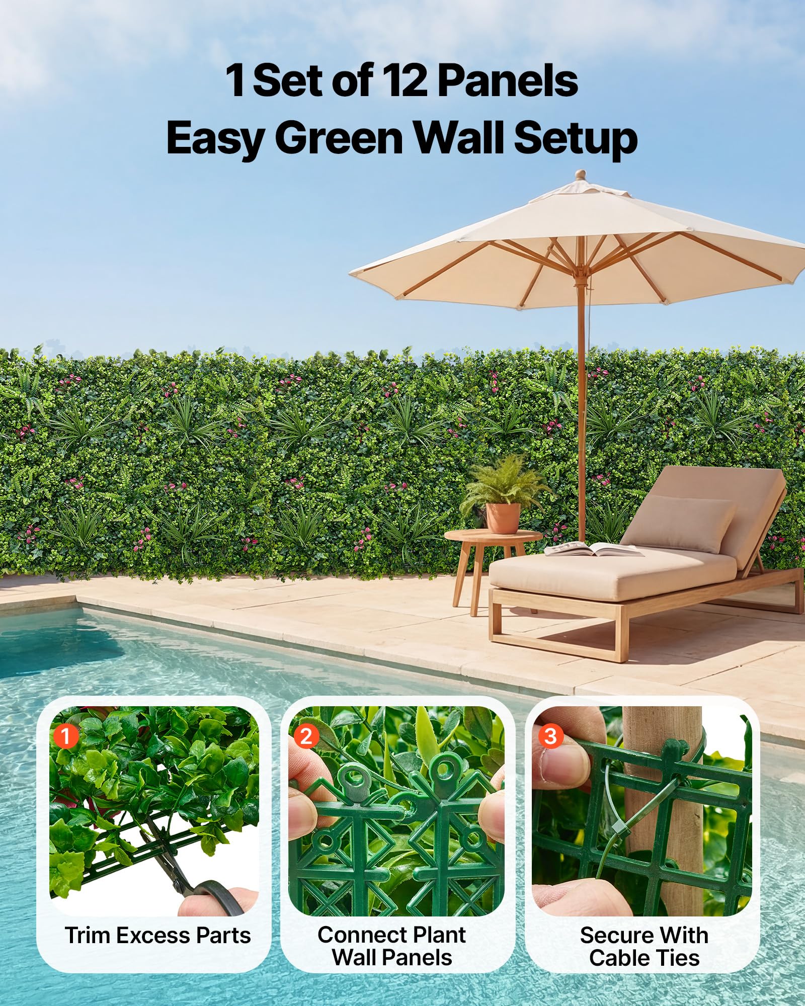 VEVOR Parete Verde Artificiale 50,8 x 50,8 cm, Set di 12 Pannelli di Siepe Artificiale per Pareti e Recinzioni, Con Piante Verdi Realistiche, per Decorazione di Balcone, Giardino, Cortile e Salotto
