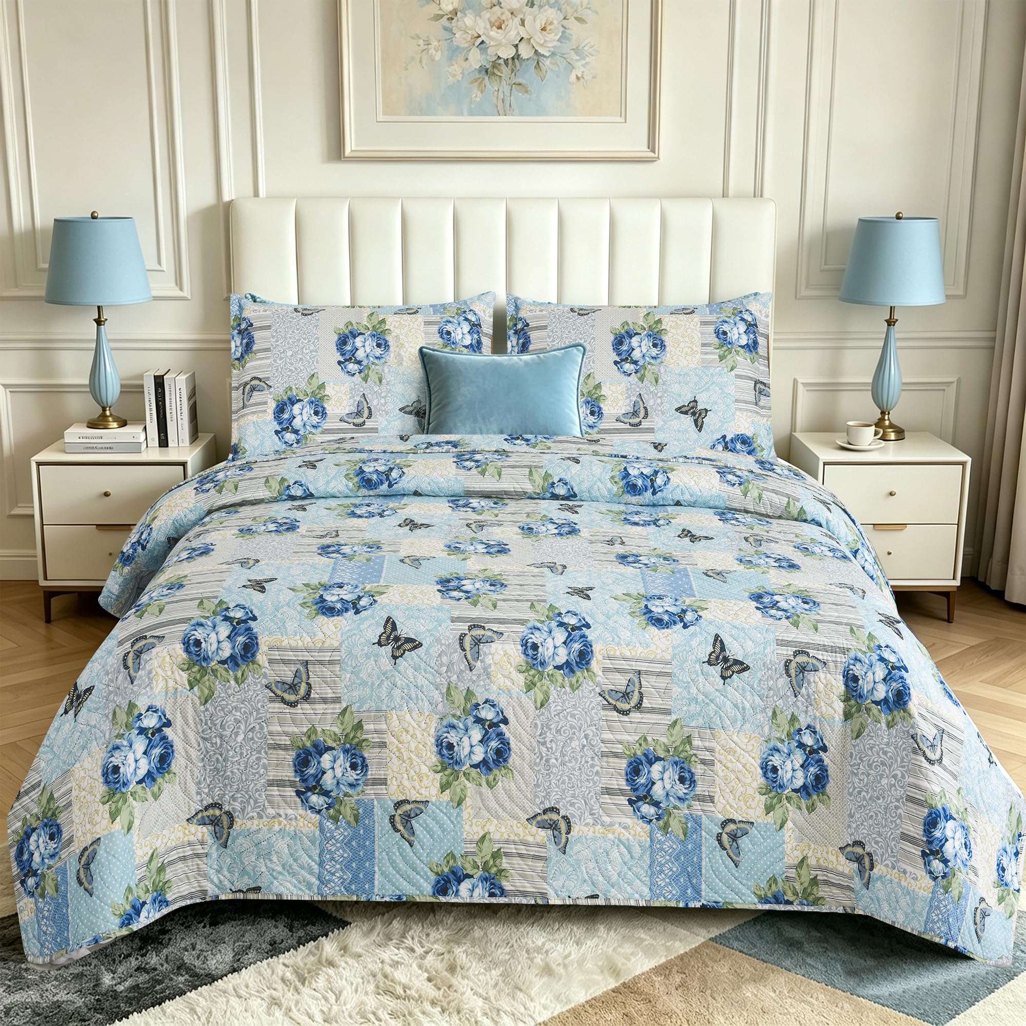 Hadi London 3Pcs Patchwork Quilted Bedspreads with 2 Shams | Reversible Floral Print | Lightweight Quilt Comfort | Fits Double and King Size Beds 220x240cm | 30 Unique Designs