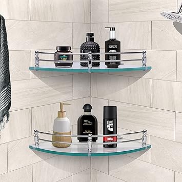 Planet Premium Glass Bathroom Corner/Kitchen Corner Shelf/Bathroom Accessories for Home-Pack of 2 (Glossy 9x9 Inches)