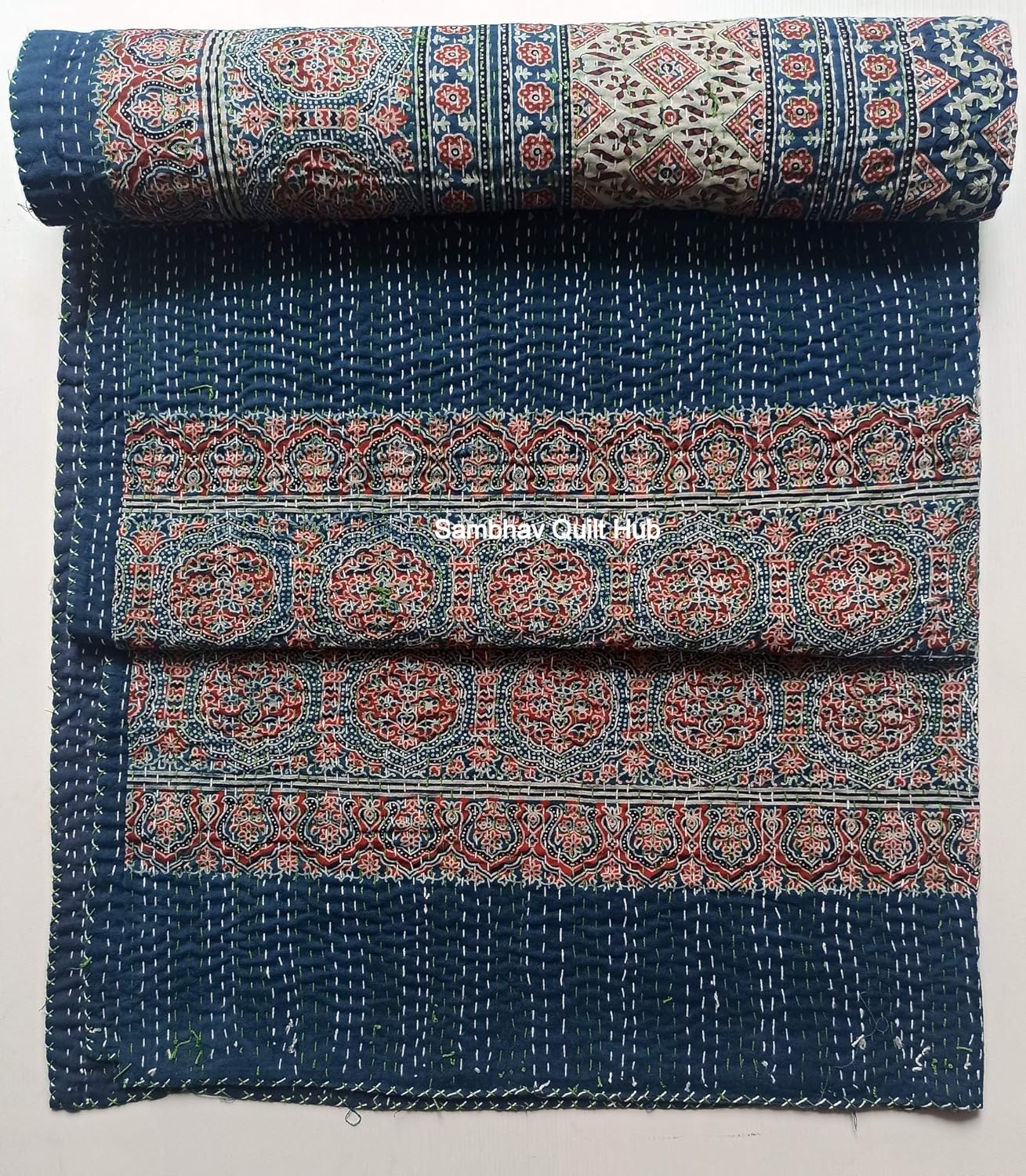 Hippie Queen Ajrakh Kantha Quilt Handmade Bohemian Bedspread King Size Vegetable Dye Kantha Blanket Bedcover Boho Quilting Indigo Print Ajrakh Cotton Quilt 90X108 inch