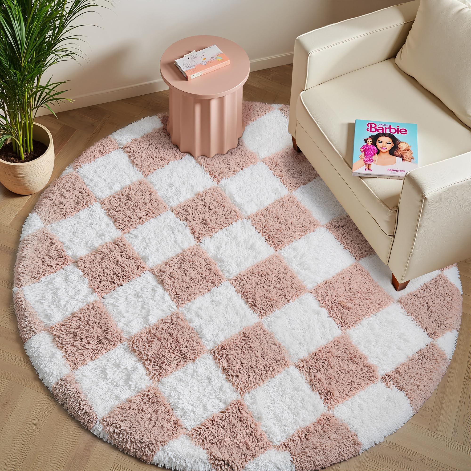 HUGEAR Kariert Flauschig Teppich Rund 150 Teppiche Rosa Weiß Shaggy rutschfest Kinderzimmer Mädchen Junge Carpet Bettvorleger Schlafzimmer Hochflor Weich Runder Carpets