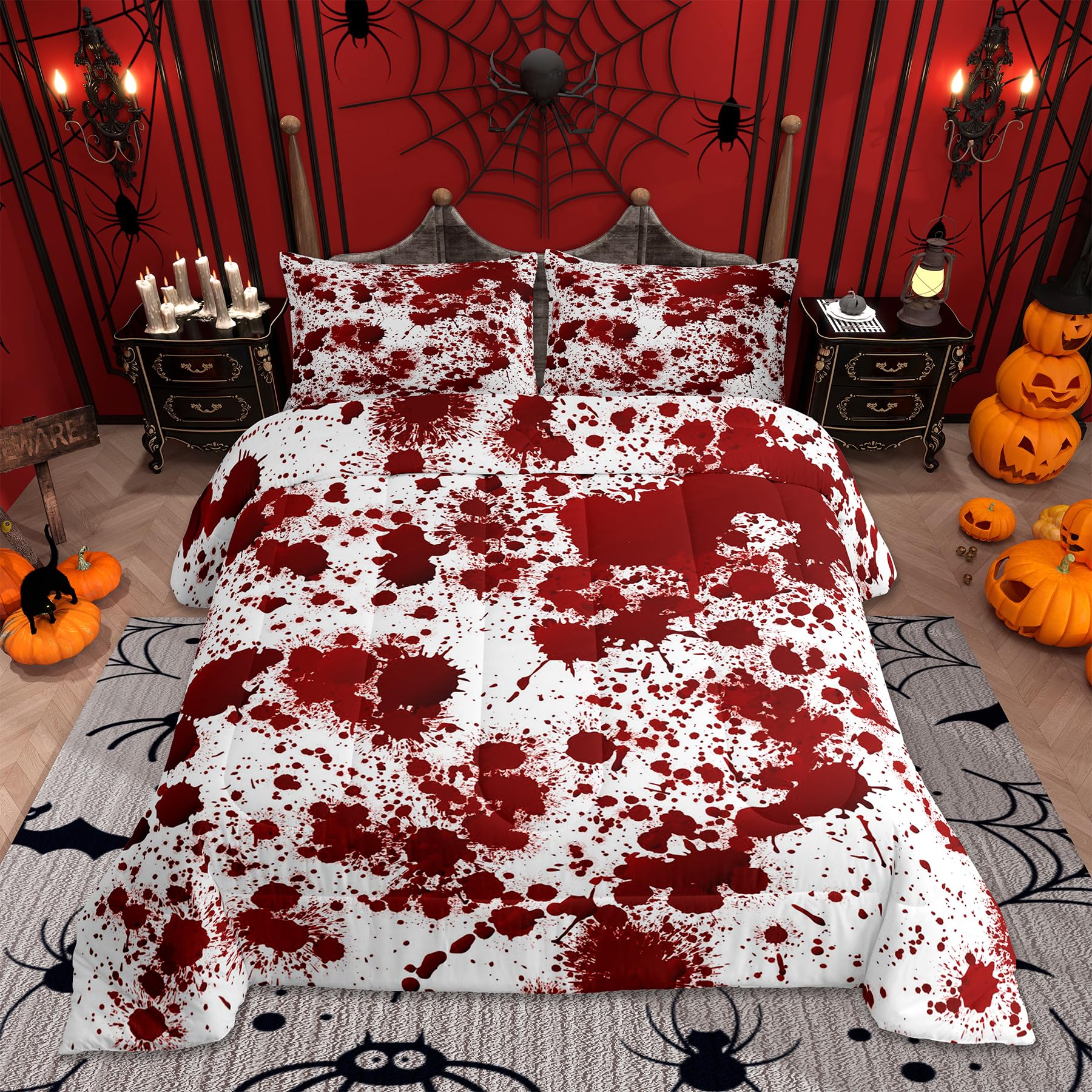Red Tie Dye Comforter Set Full Size,Halloween Decor Bedding Set 3pcs for Kids Teens Boys Bedroom,Gothic Horror Style Quilt Set Cartoon Hand Painted
