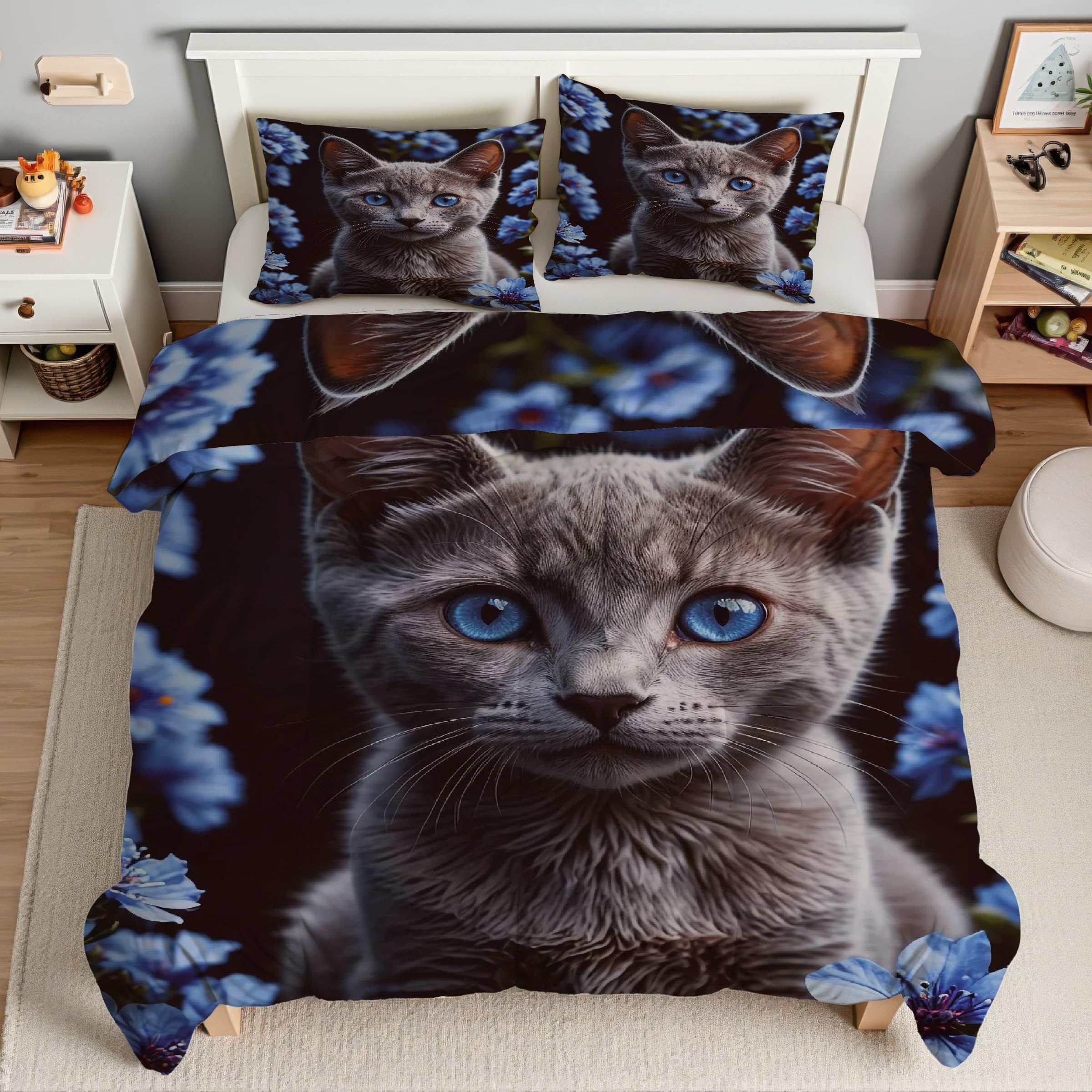 Edredon Nordico Cama 120 Gato Gris, Relleno Nordico Flores Azules 200x220 cm con 2 Fundas de Almohada 50x75 cm, Ligero, Suave, Transpirable para 4 Estaciones Edredones