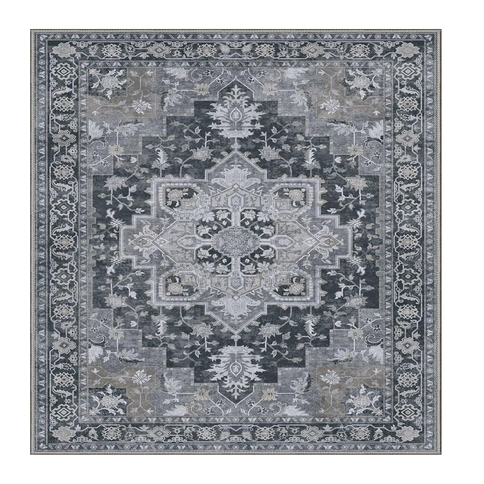 Tapis carré vintage floral gris et blanc 200x200 cm pour salon cocooning