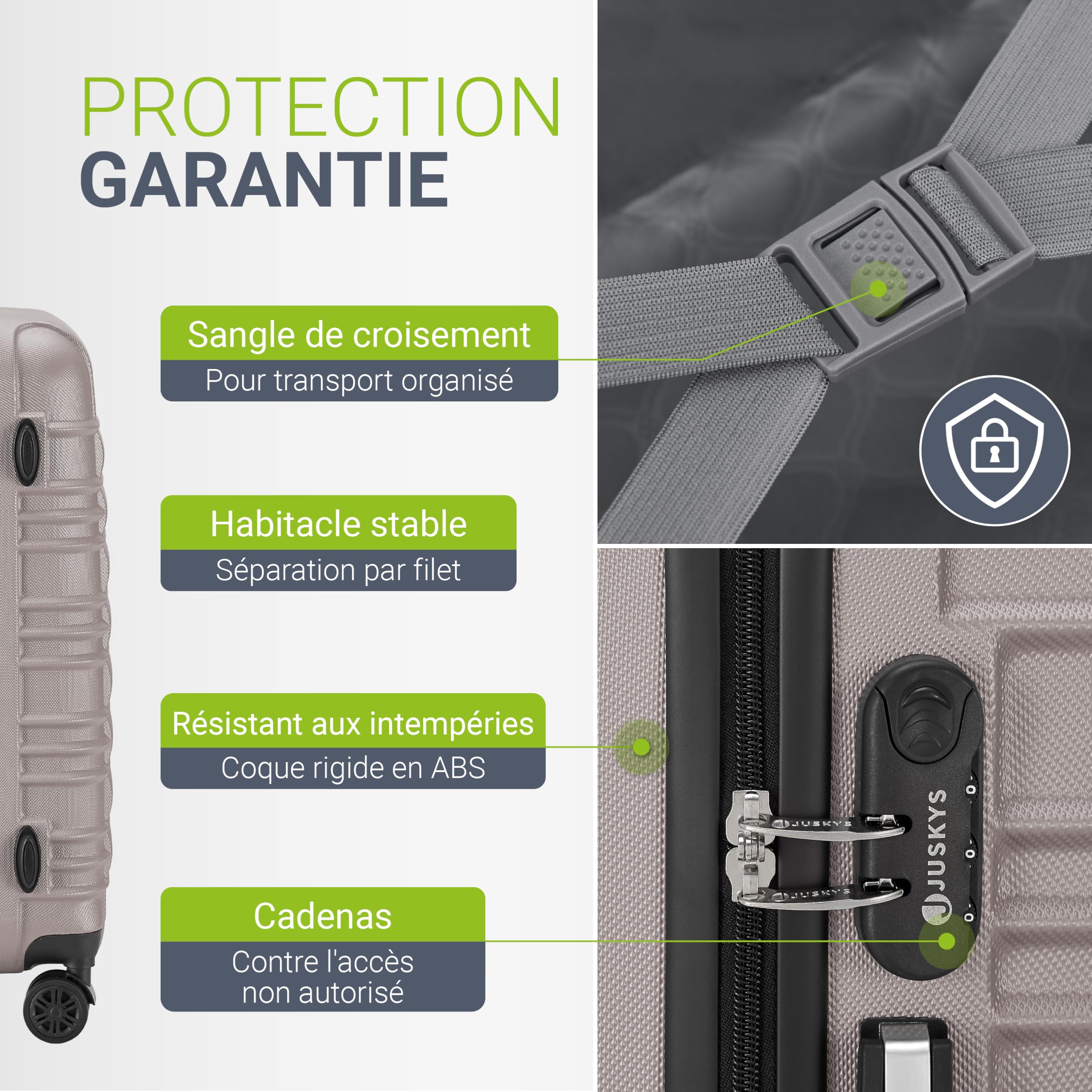 Juskys Set valises rigides 3 pièces – Valises de Voyage avec roulettes 360°, Serrure à Code, poignée télescopique – ABS – Champagne