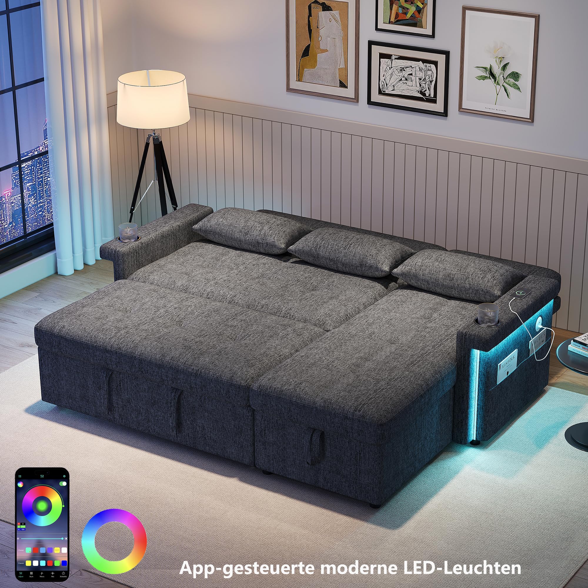 Bladez Sofá esquinero en forma de L con función de dormir, sofá cama con LED y conexiones USB, respaldo ajustable, soporte para bebidas, sofá esquinero de 3 plazas con espacio de almacenamiento