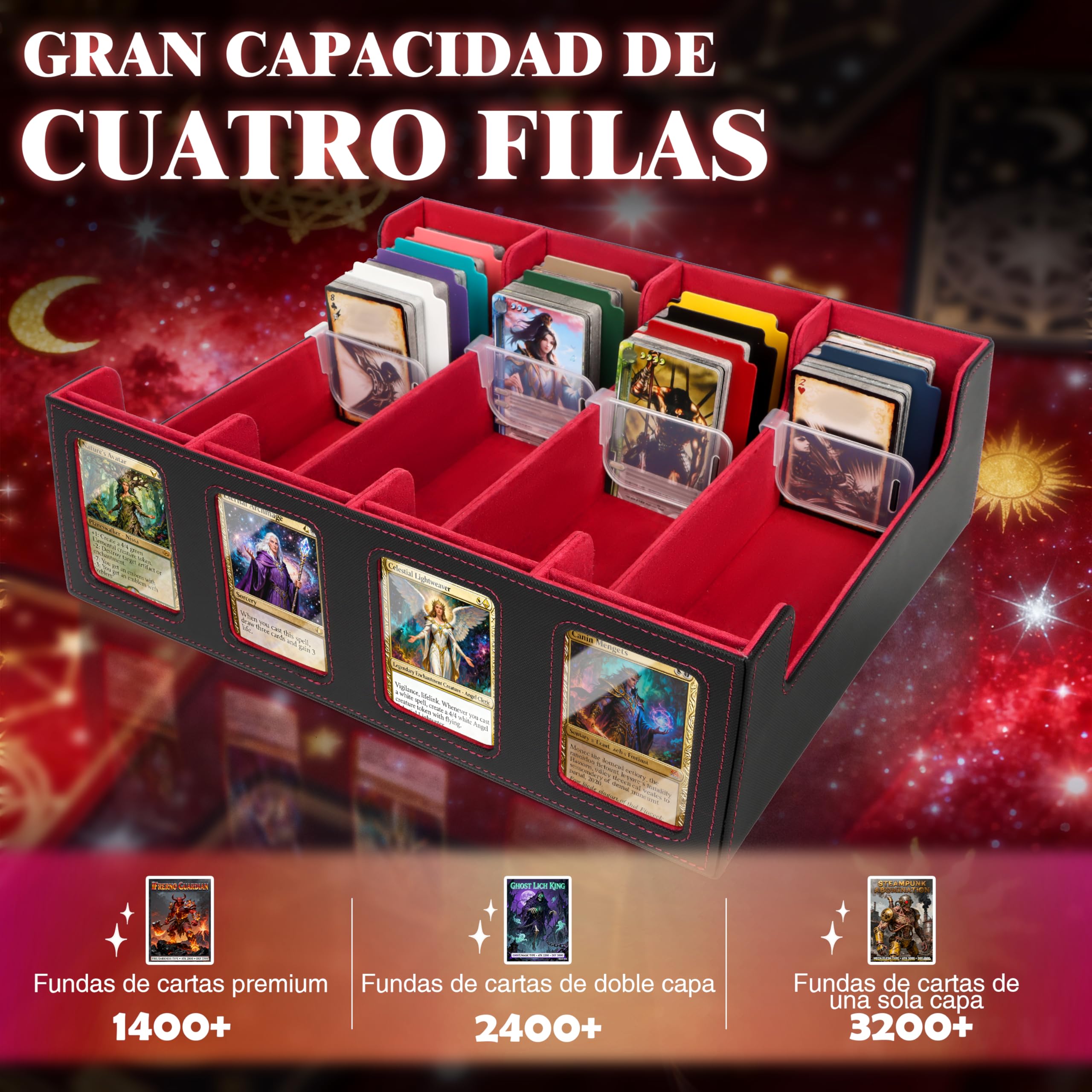Charmofun Caja Cartas Magic para 2400+ Cards, Deck Box con 10 Divisores de Colores,1 Bandeja, 4 Clips De Cierre, Fundas Cartas, Cajas de Cubierta Magnéticas Premium (Rojo, 2400+)