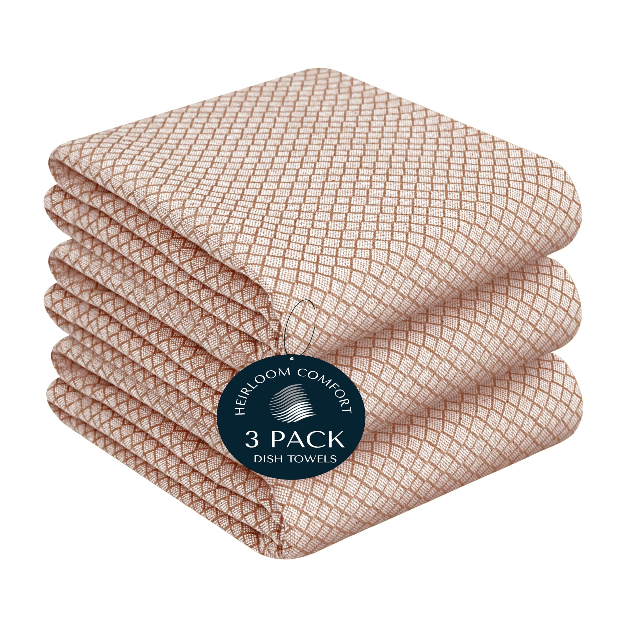 HEIRLOOM COMFORT Brown Honeycomb Kitchen Towels 3 Pack, 40x66 cm, 100% Cotton, Quick Dry, Soft, Absorbent
