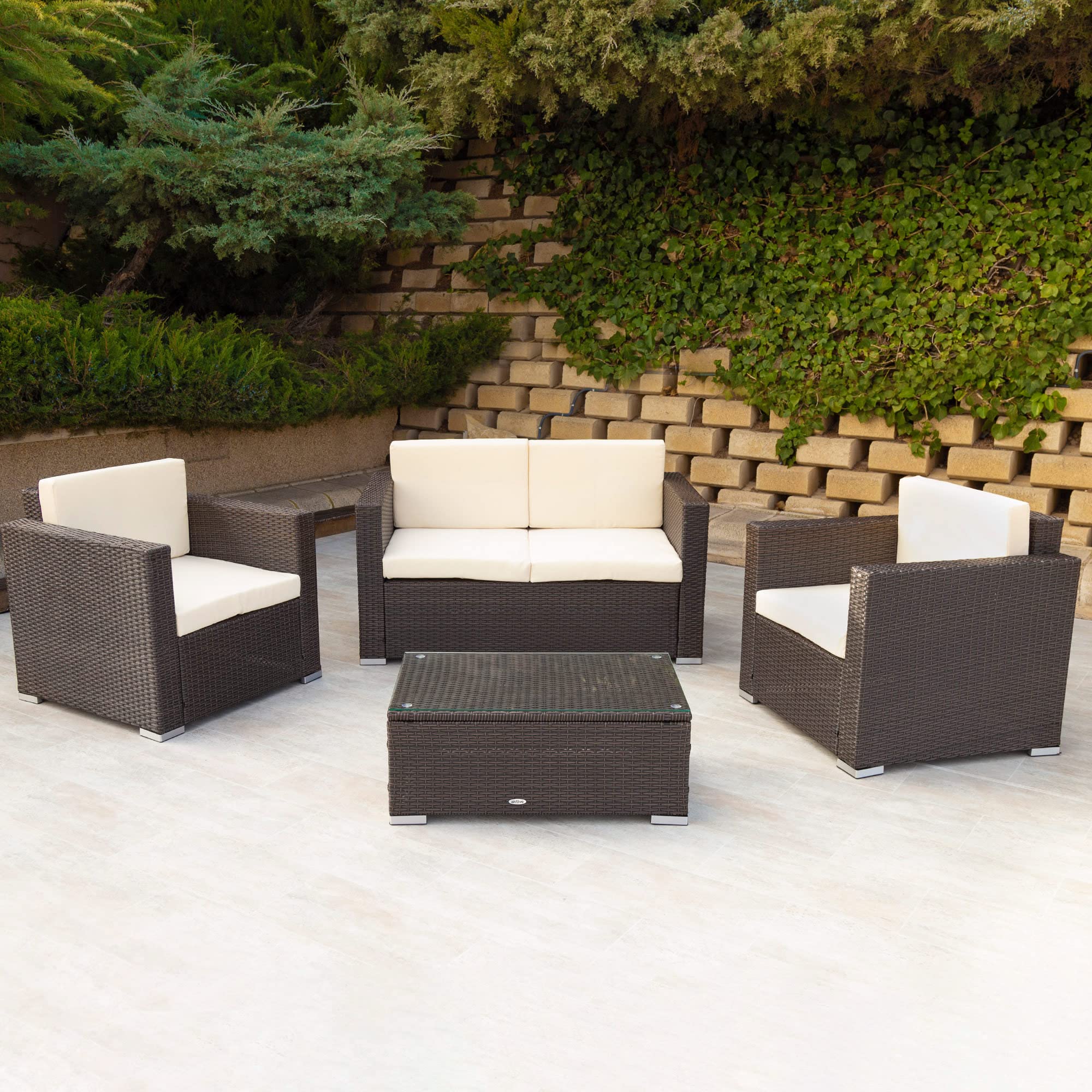 AKTIVE 61071 - Conjunto jardín ratán muebles de exterior, Ratán set jardín, muebles terraza exterior, incluye 2 sillones jardín exterior, 1 sofá exterior y 1 mesa terraza exterior, Negro