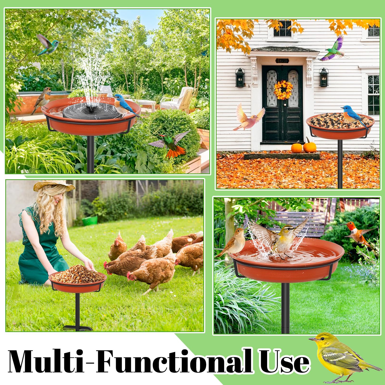 Baño de exterior para pájaros, cuenco de 71 cm, bebedero para pájaros, base con 4 estacas metálicas, decoración desmontable, para jardín, terraza, patio, césped (B)