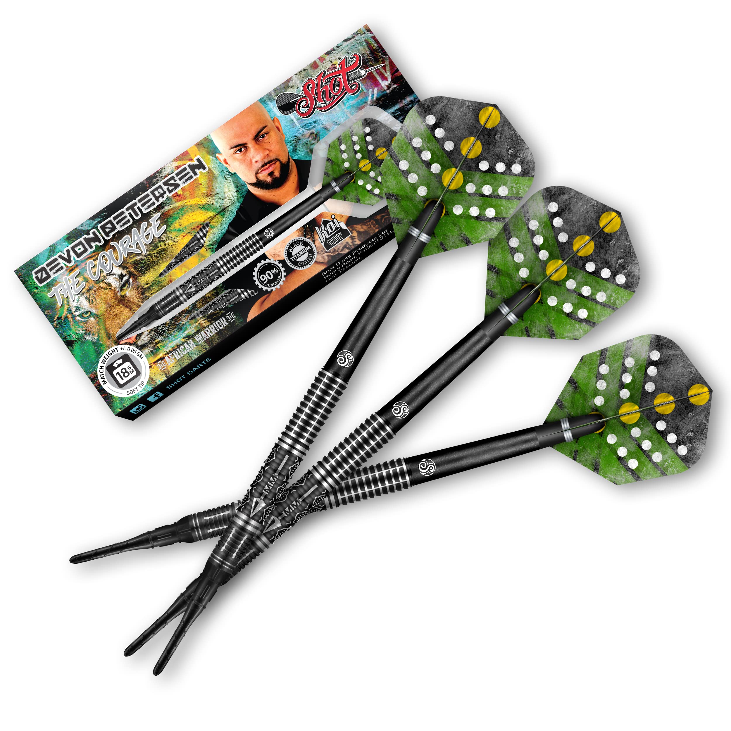 Shot Soft Darts Devon Petersen Courage African Warrior 90% Tungsten Softtip Darts Set