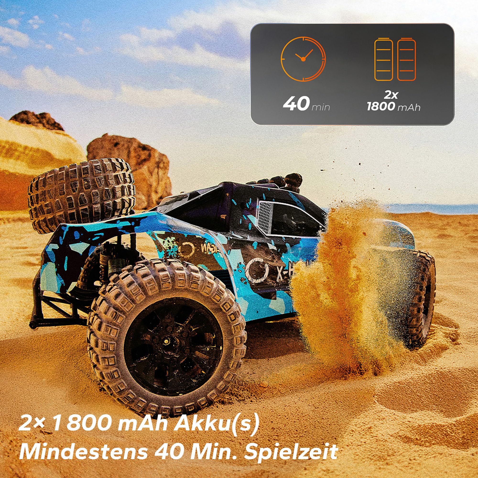 Overmax Hooligan RC Auto 1:10, 35 km/h 4WD, 100 m Reichweite, 2×1800 mAh Akku/40 Min, IPX5, 10 cm Reifen, LED, Metallantrieb | Akku/40 Min, IPX5, 10 cm Reifen, LED, Metallantrieb