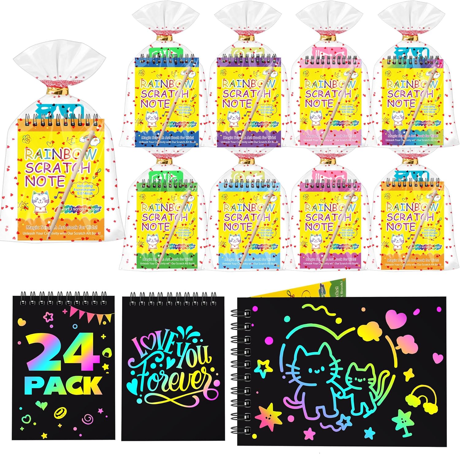 VVSBPL 24 Pack Scratch Art Party Favors for Kids 4-8 Years Old Birthday Gifts for Kids Goodie Bags Stuffers Rainbow Scratch Notebook Bulk Classroom Prizes School Supplies Arts Crafts for Girls Boys