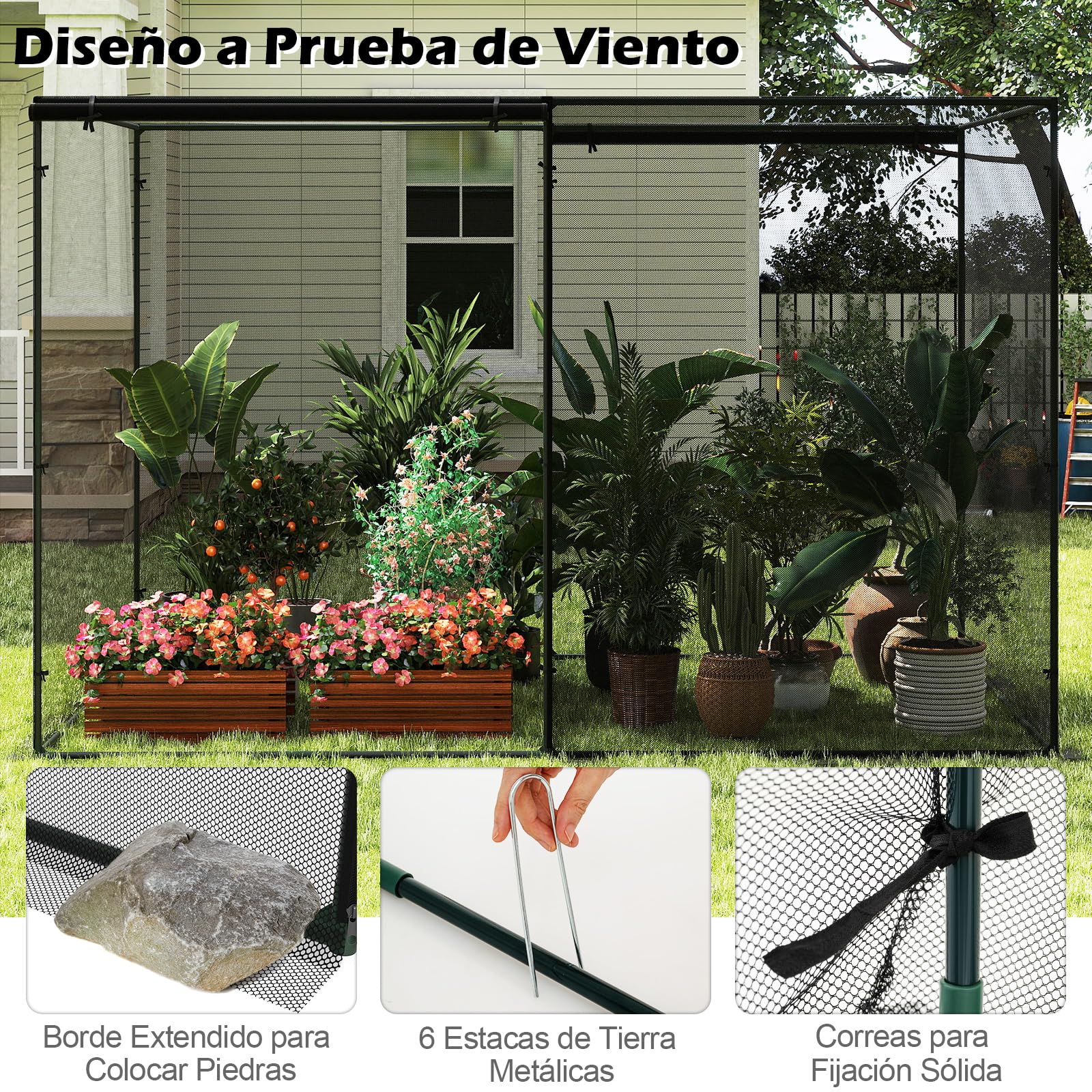 COSTWAY Red Protección para Plantas, Malla Antipájaros con Estructura de Metal, Puerta Enrollable con Cremalleras, Red Protectora contra Insectos con Malla Fina, para Verduras, Flores, 310x200x200 cm