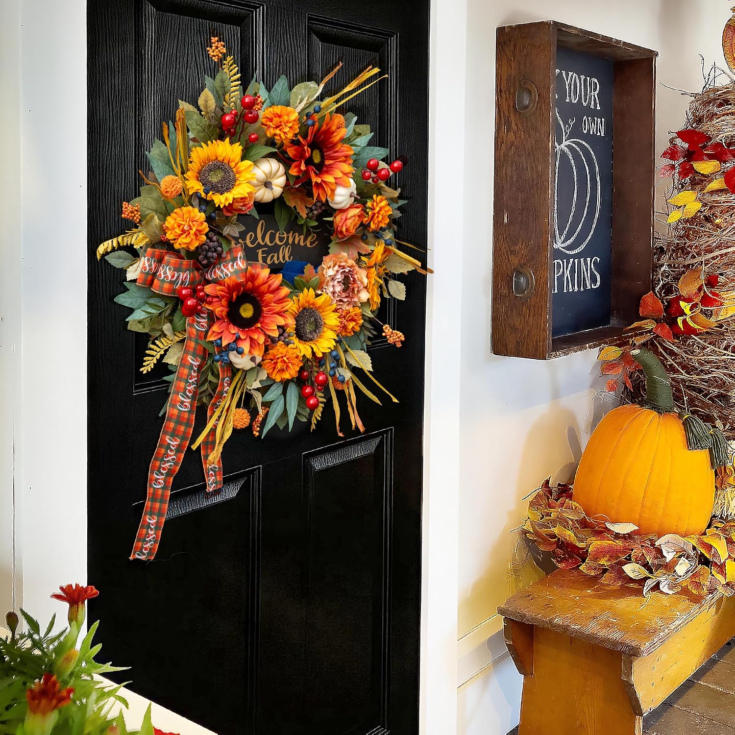 24 Inch Harvest Fall Wreaths for Front Door, Rustic Harvest Autumn Wreath | Autumn Wreath with Sunflowers, Plaid Ribbon, Peonies, Roses, Blue Berries, Pumpkins and Welcome Sign, Fall Door Wreaths