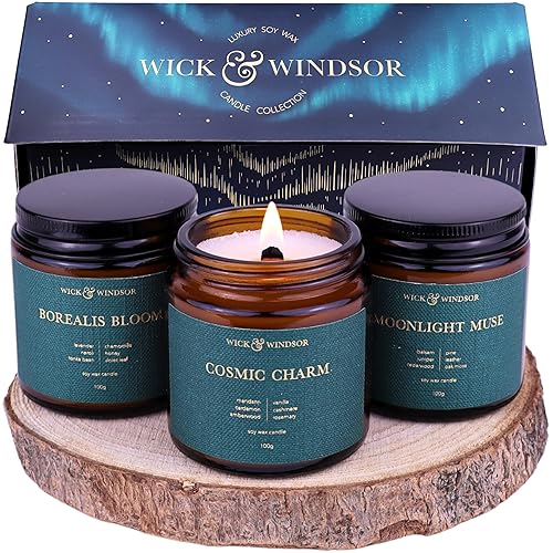 Wick & Windsor Aurora Collection - Scented Candle Gift Set - Soy Wax Candles with Wooden Wick Candles - Christmas Gifts for Women - Candle Trio - Aurora Collection