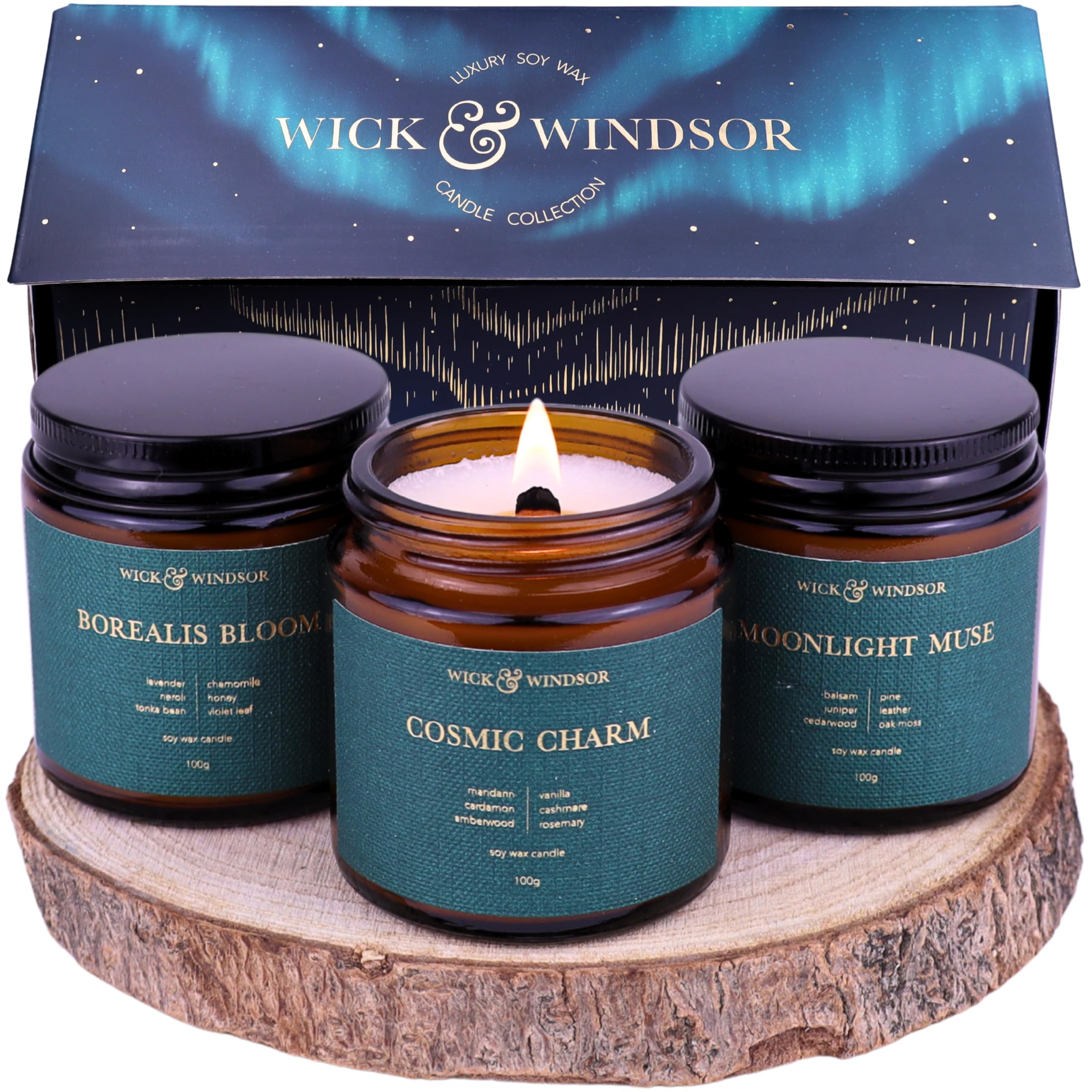 Wick & Windsor Aurora Collection - Scented Candle Gift Set - Soy Wax Candles with Wooden Wick Candles - Christmas Gifts for Women - Candle Trio