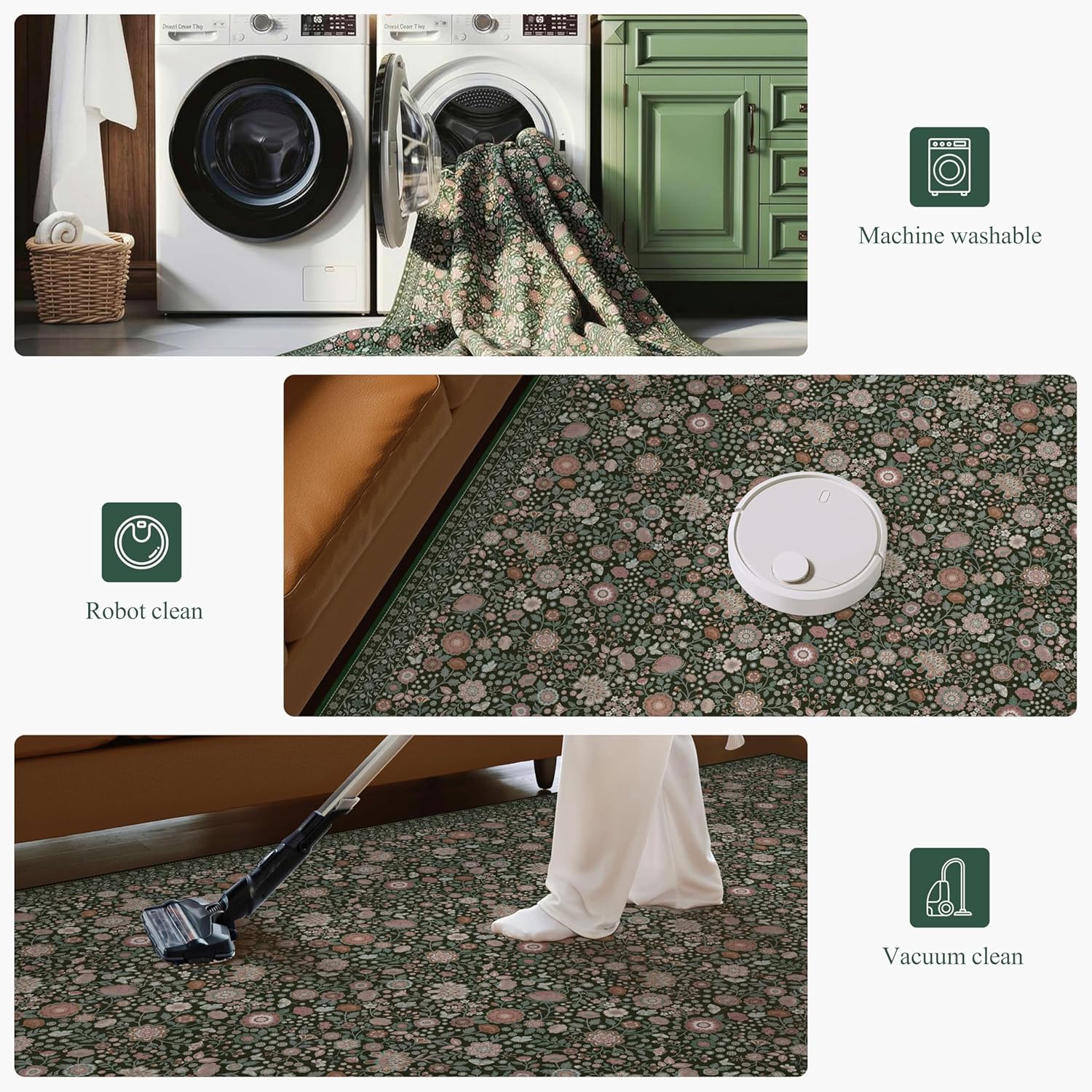 Floral Oval Rug 4x6 - Washable Ultra-Thin Living Room Rug Non-Slip Carpets - Soft & Stain Resistant Rug for Kitchen Bedroom Dining Room Indoor Nursery Dark Green