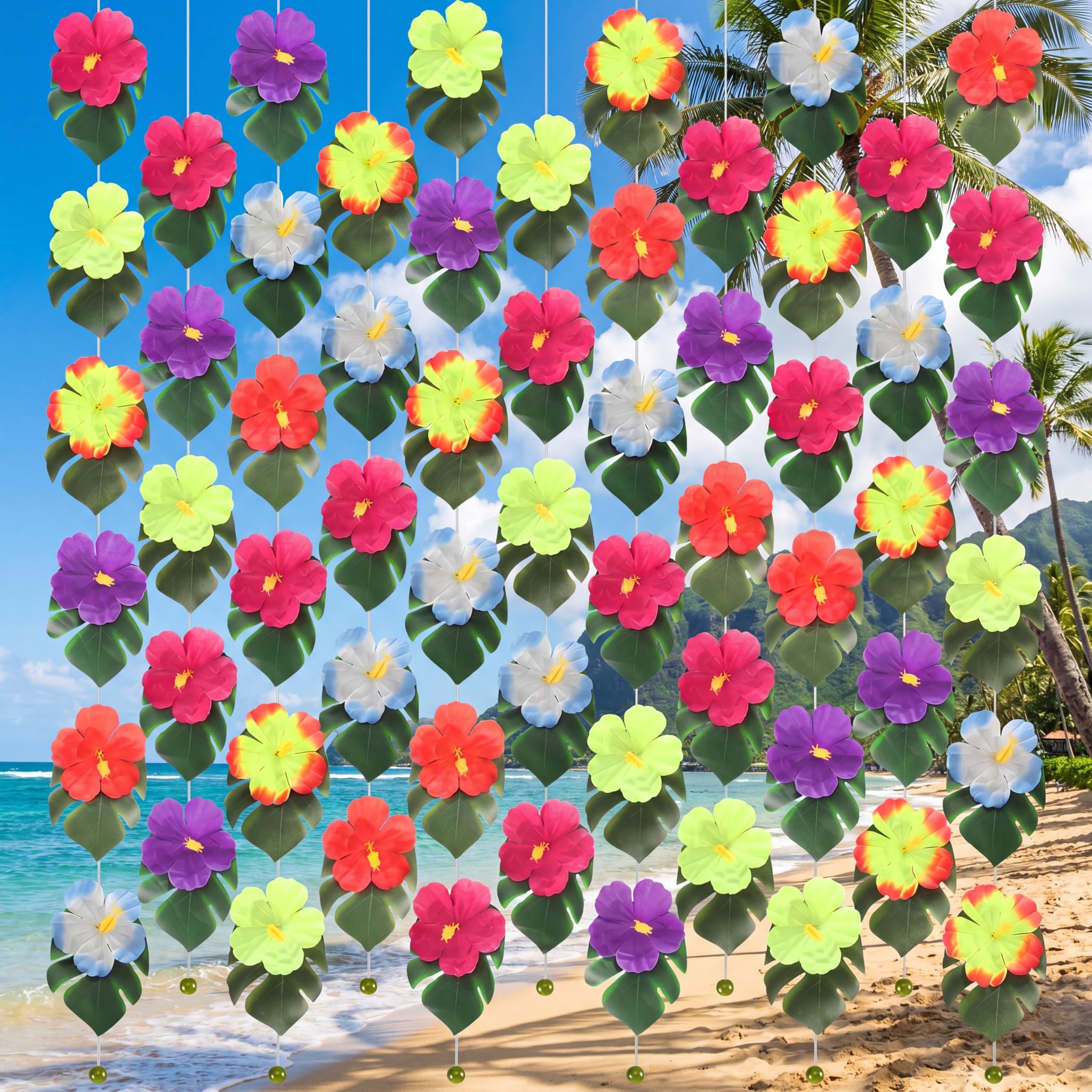 Photo 1 of Kajaia Hawaiian Hibiscus Flower Garland 5.9 ft Tropical Artificial Palm Leaf and Hibiscus-Flowers Hanging Decor Greenery Ivy Palm Leaves Flower-Garland Luau Party Decorations(12 Pcs,Hibiscus Garland)