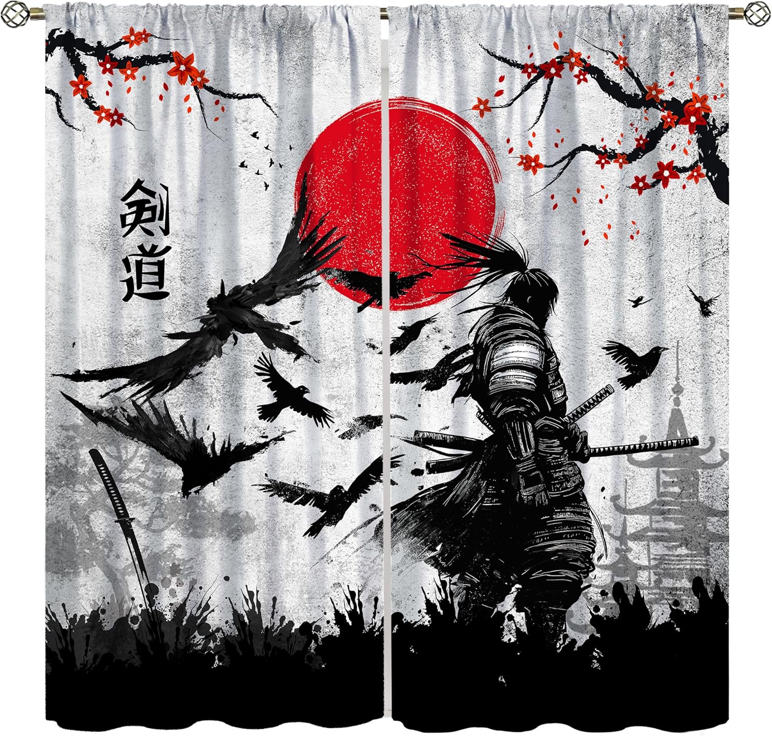 Japanese Samurai Blackout Curtains, Asian Ink Sun Cherry Blossom Crow Bushido Spirit Windows Treatments, Thermal Insulated Rod Pocket Drapes for Boys Teenage Living Room Bedroom 42x45in