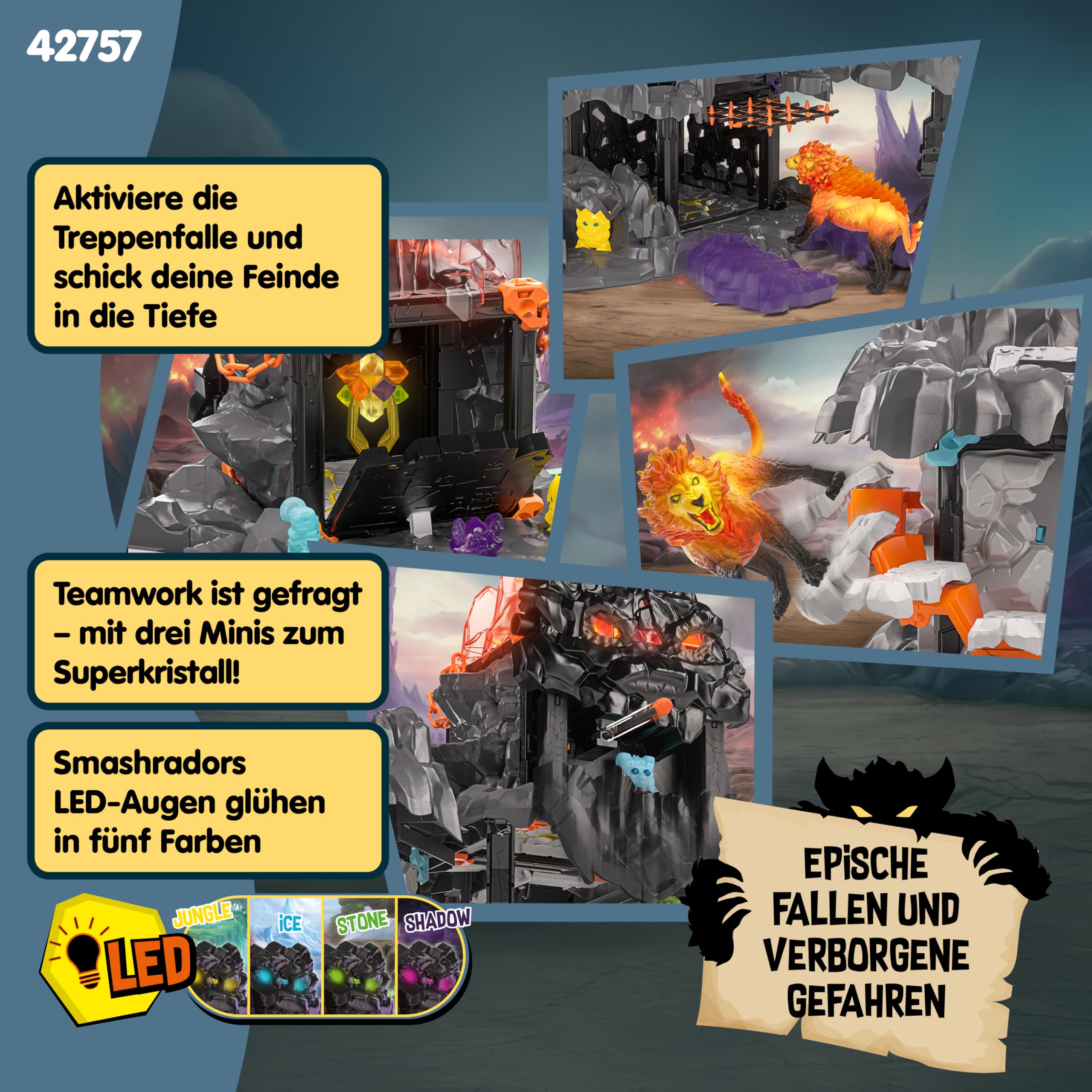 schleich ELDRADOR | MasterCave Smashrador 42757 | ab 6 Jahren | 119 Teile | Set aus 4 x ELDRADOR Battle Cave, 4x Minis, Roboter, Lavalöwe & Superkristall | mit vielen Funktionen & Zubehör