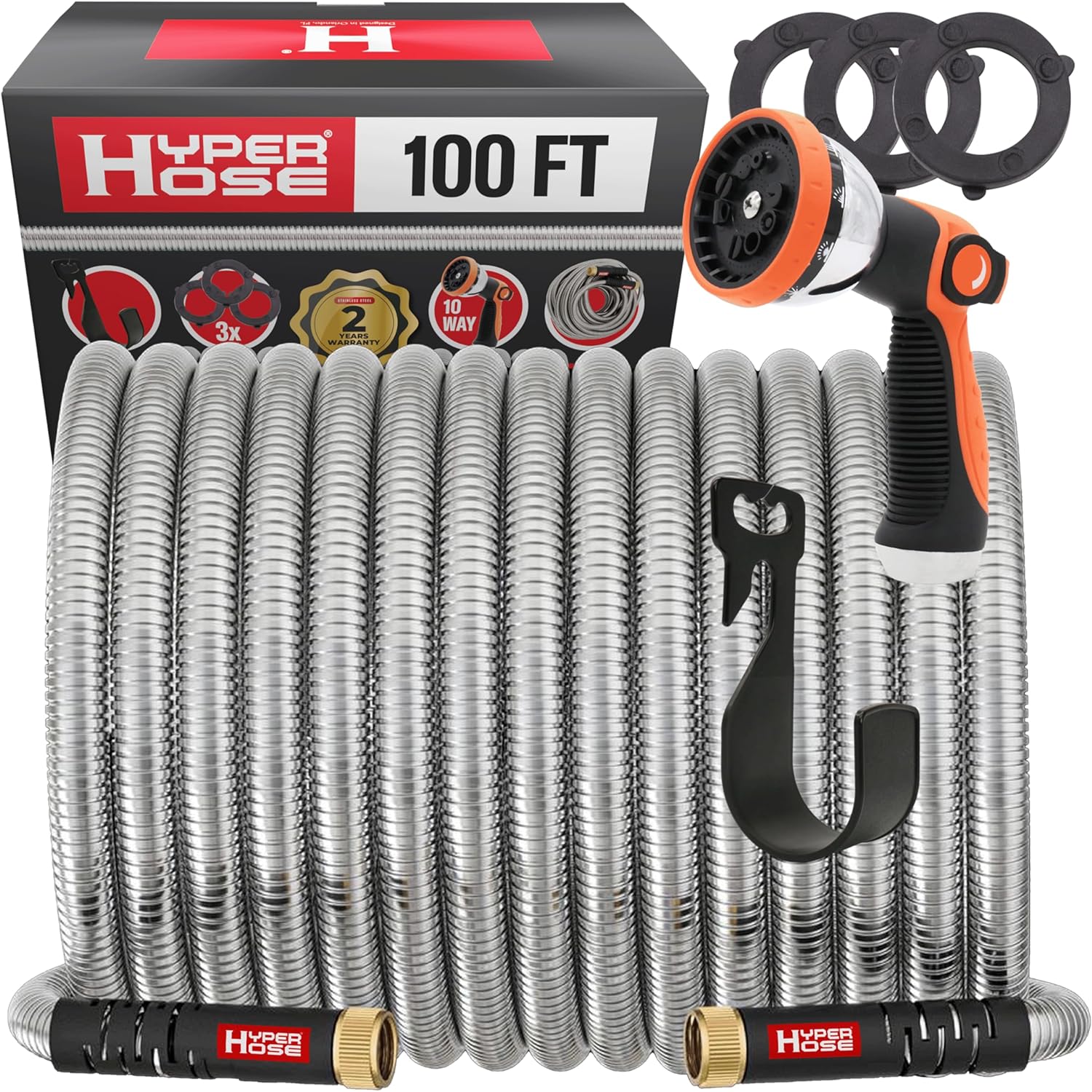 Best 100 ft Metal Garden Hose Set - No-Kink Durable 316 Stainless Steel, 10-Way Zync Spray Nozzle & Hook – Tough Flexible Heavy Duty Water Hoses, Naval Brass, Rust, Weather, LeakProof