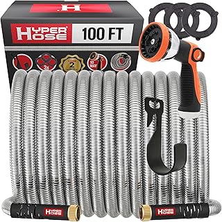 Best 100 ft Metal Garden Hose Set - No-Kink Durable 316 Stainless Steel, 10-Way Zync Spray Nozzle & Hook – Tough Flexible Heavy Duty Water Hoses, Naval Brass, Rust, Weather, LeakProof