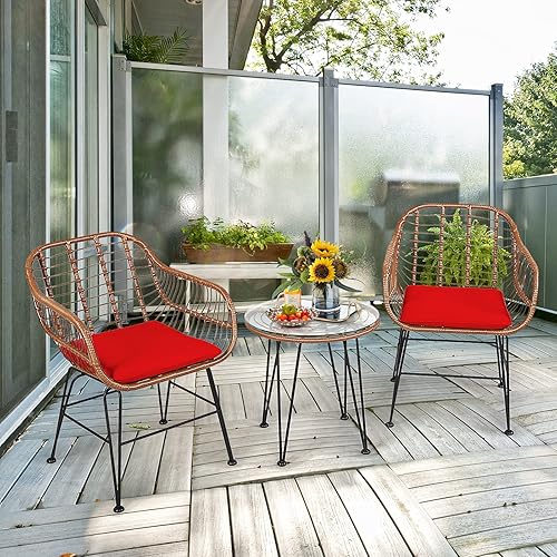 Miniatura 38 de Tangkula 3 Pieces Patio Bistro Set, Rattan Conversation Set with 2 Cushioned Armchairs & Round Glass Coffee Table, Indoor Outdoor Wicker Furniture