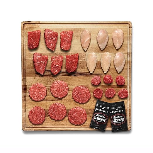 Rastelli's Grilling Meat Pack: Wagyu Burgers, Sirloin Steaks, Filet Mignon Medallions, Chicken Breasts, (24 count), 6.5 lbs. Total