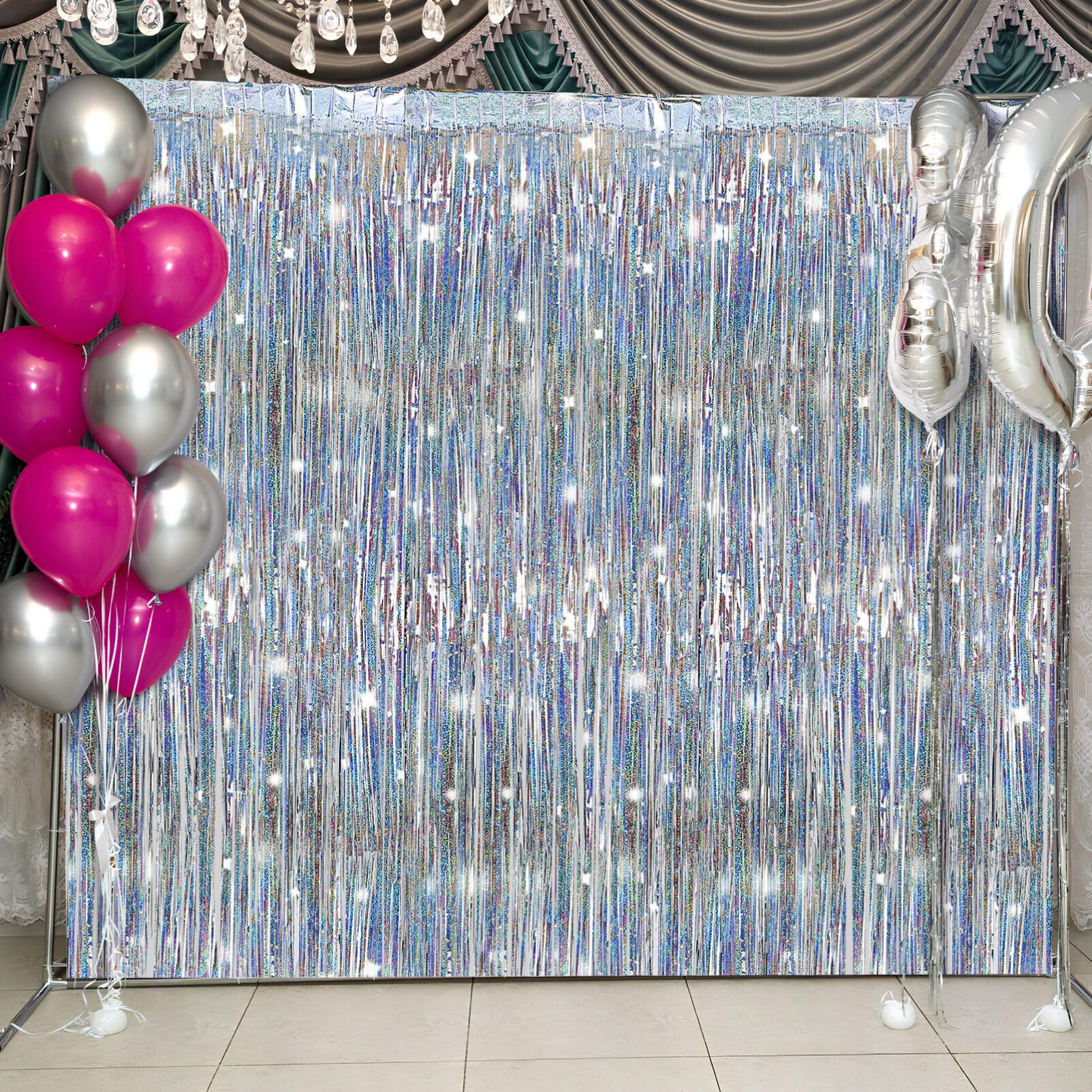 Cabilock Silber Lametta Vorhang 98X39 Zoll Glitzer Fransen Party Hintergrund Vorhang Für Geburtstag Hochzeit Feierlichkeiten Deko Streamer Kulisse