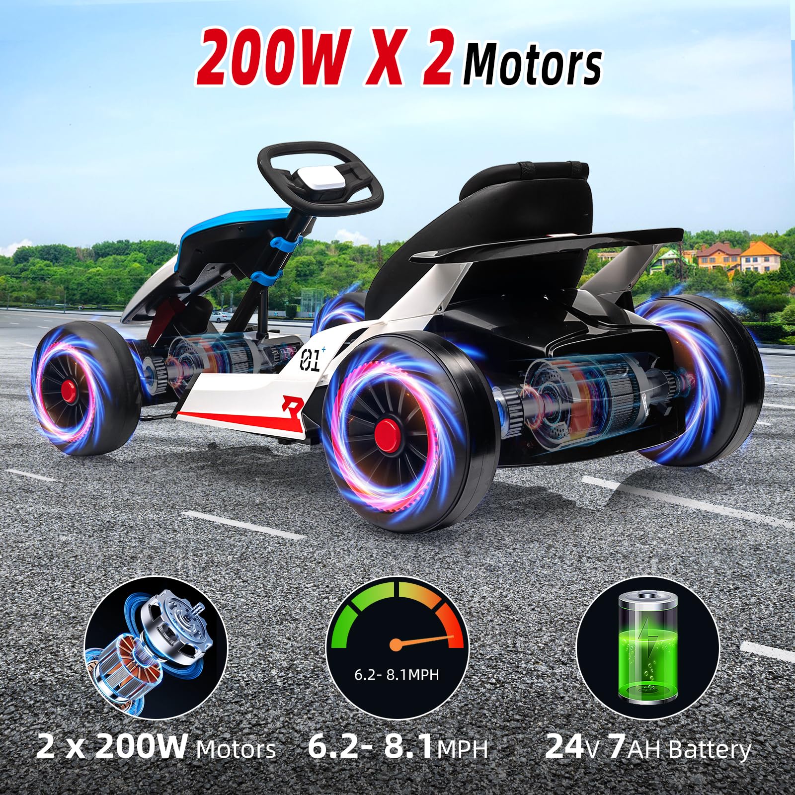 24V Electric Go Kart for Kids, Drift Cart with 2x200W Powerful Motors, 7AH Battery, Max 8MPH Drift Kart, Safety Belt, Slow Start, Music, High-Speed Crazy Cart Ride on for Kids Ages 6-12 - Blue - 4