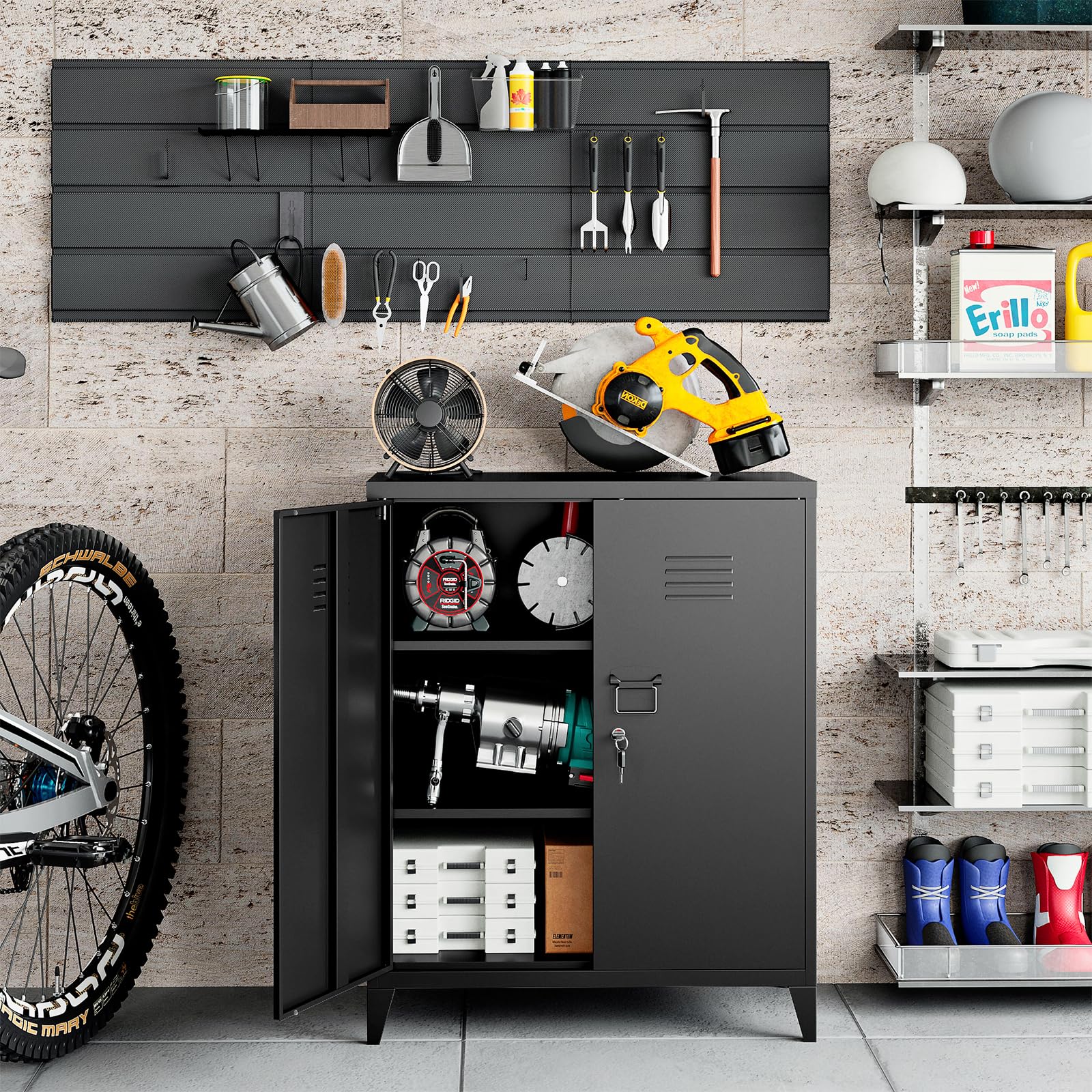 Sightlife Noire Armoires de Bureau,Placard Polyvalent, Meuble de Rangement en Acier, Bureau, Maison, école, Cuisine, Garage, Armoire Murale à Outils, 2 Portes 90 x 80 x 40 cm
