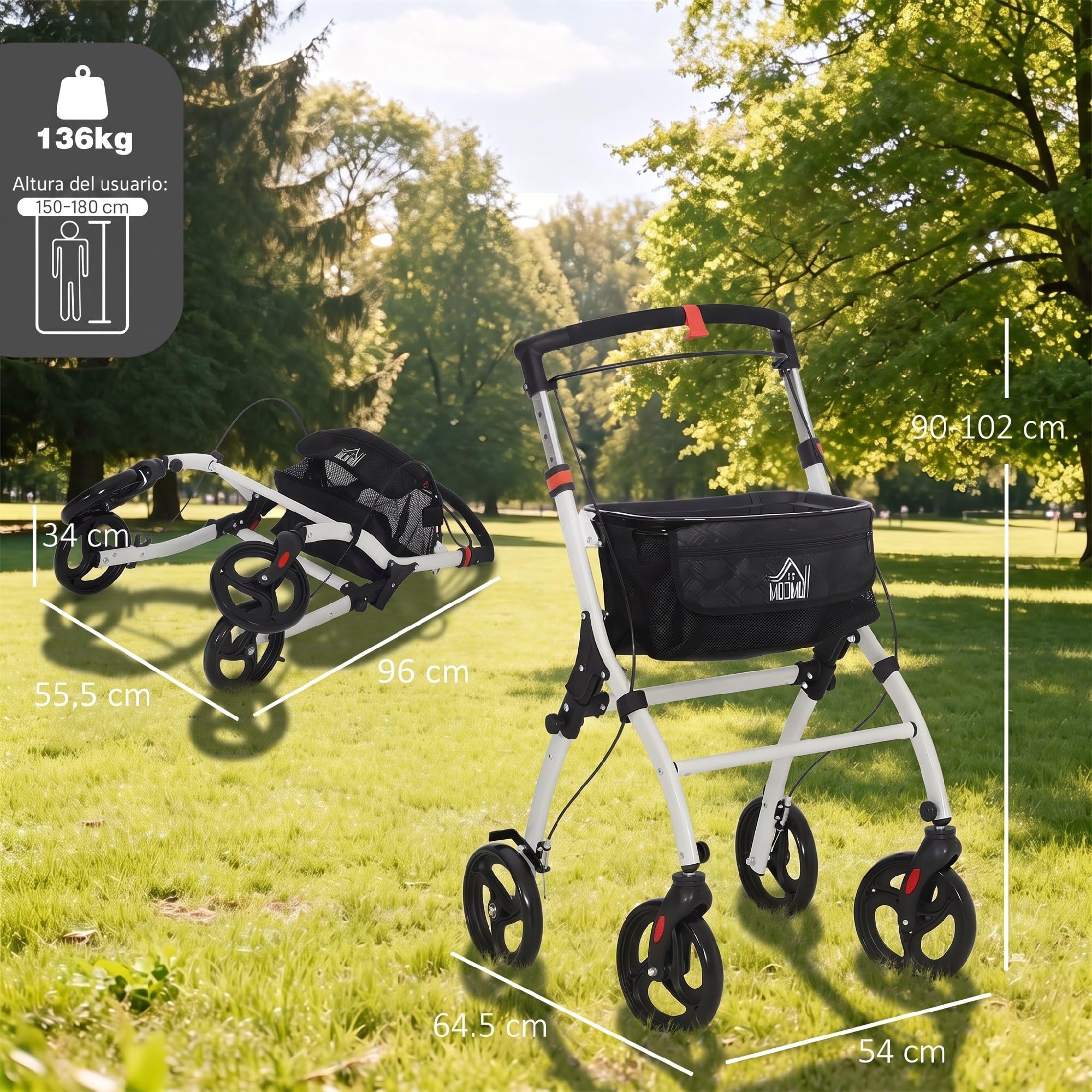 HOMCOM Andador para Ancianos Plegable de Aluminio con 4 Ruedas Blanco | Andador para Personas Mayores, Bandeja, Altura Ajustable, Frenos de Maneta, Bolsa de Transporte