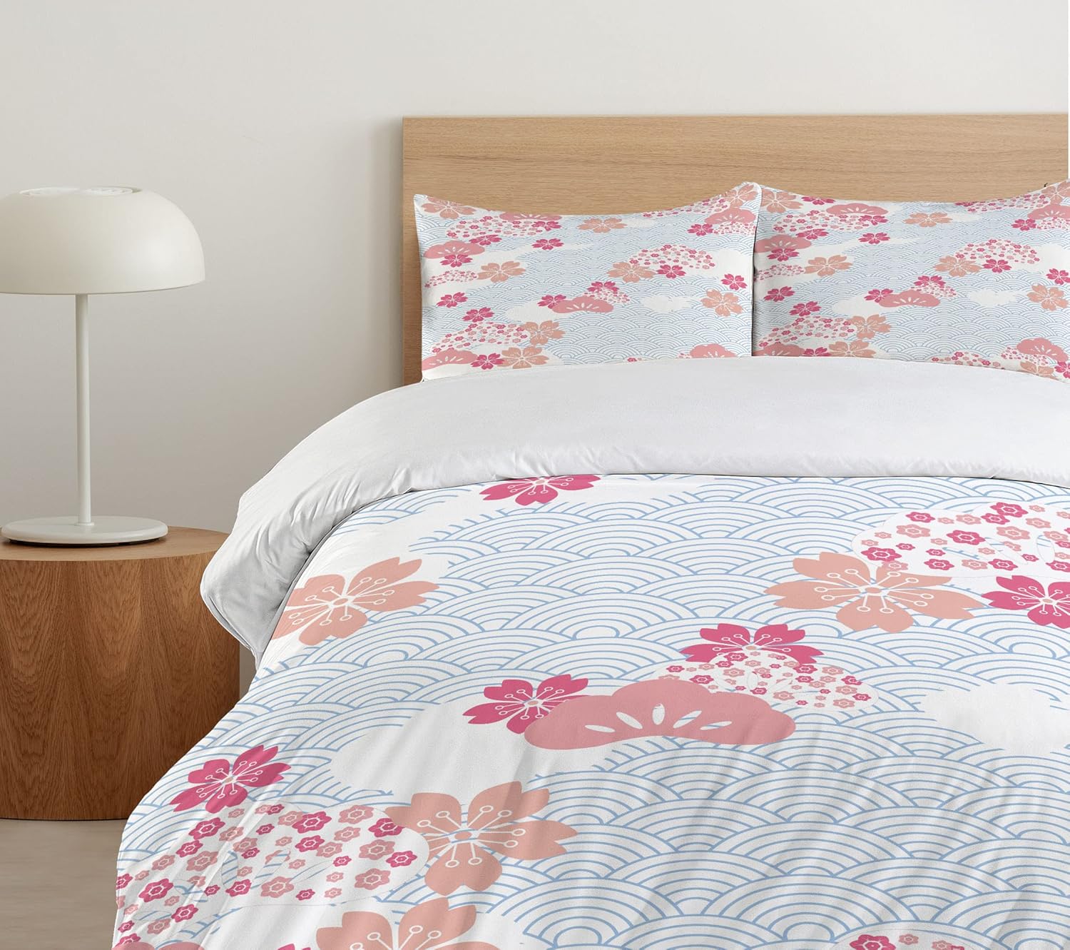 Ambesonne Japanese Duvet Cover Set, Squama Cherry Blossom Land of The Rising Sun Pattern, Decorative 2 Piece Bedding Set with 1 Pillow Sham, Twin Size, Dark Coral Pale Blue Twin Dark Coral Pale Blue