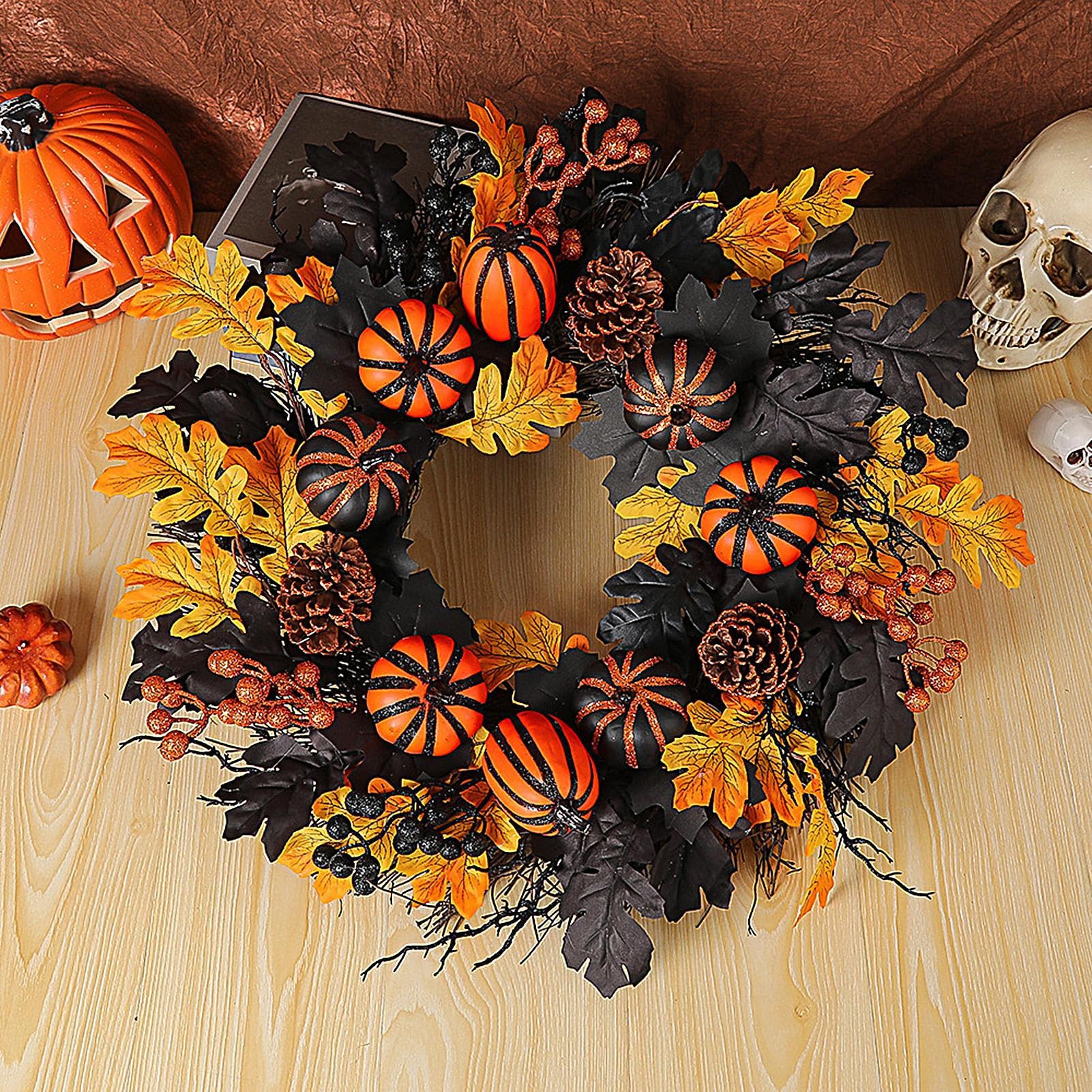 Sztuczny Wieniec Dyniowy Halloween Drzwi - Jesienny Wieniec Z Klonowymi Liscmi,Farmhouse Swiateczny Dekoracji Domowej Wieszak Drzwi Jesienny Dekoracji Okno Balkon Taras Sciana