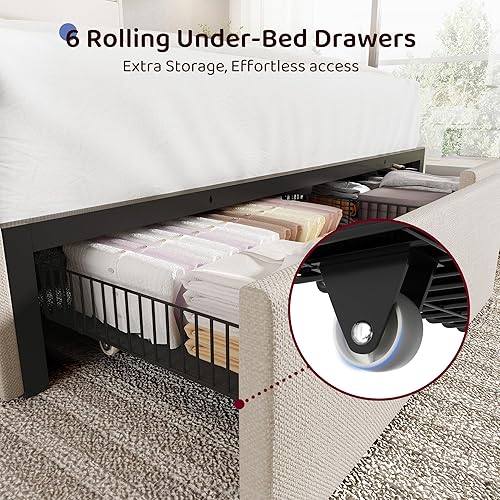 Miniatura 7 de Base de cama tamaño Queen con 6 cajones de almacenamiento, plataforma tapizada de lino con estación de carga y luces LED, diseño de cabecera en