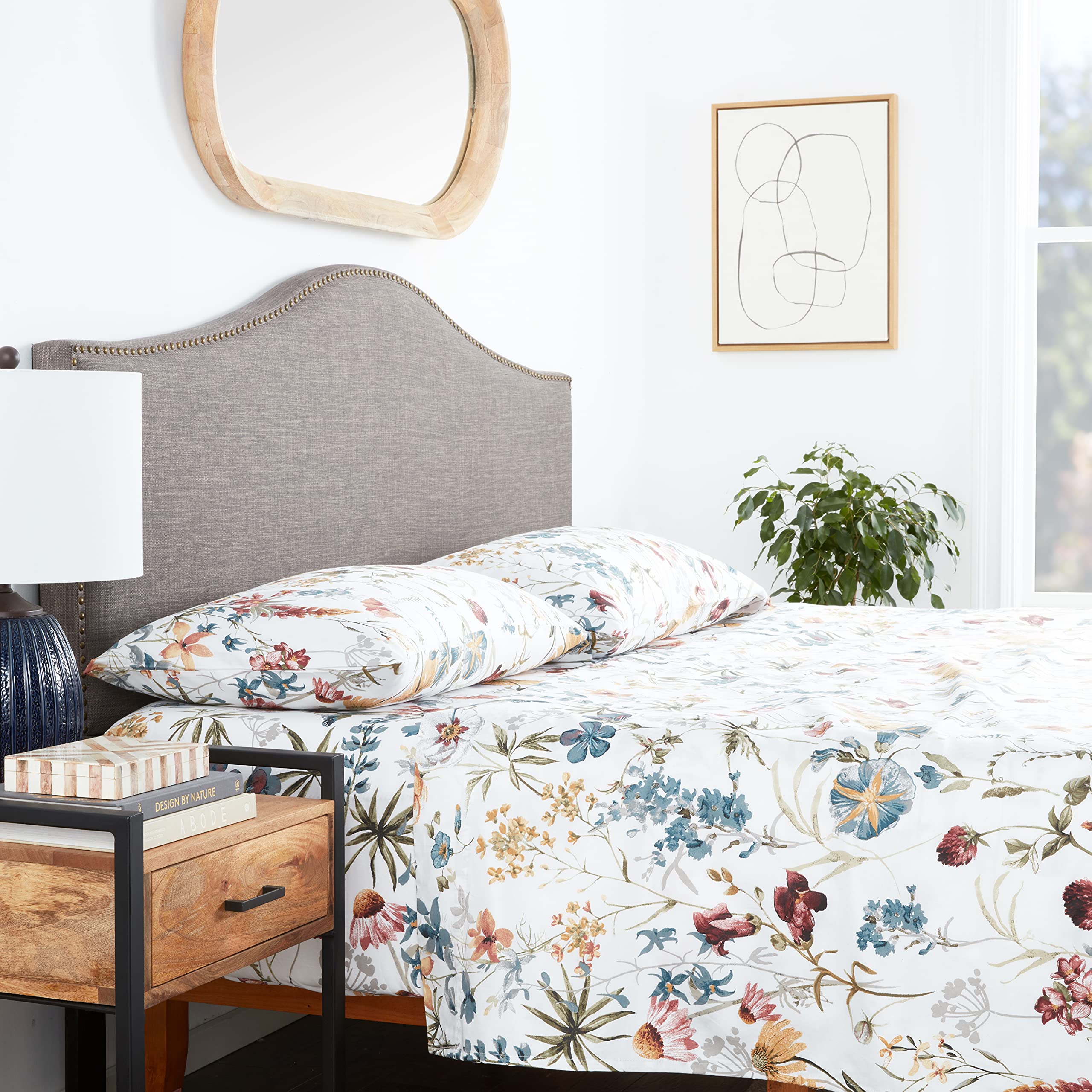 Tribeca Living Juego de sábanas tamaño King, satén de algodón suave de 300 hilos, estampado floral con bolsillos extraprofundos, juego de ropa de cama de 4 piezas, color rojo oscuro Amalfi, multicolor