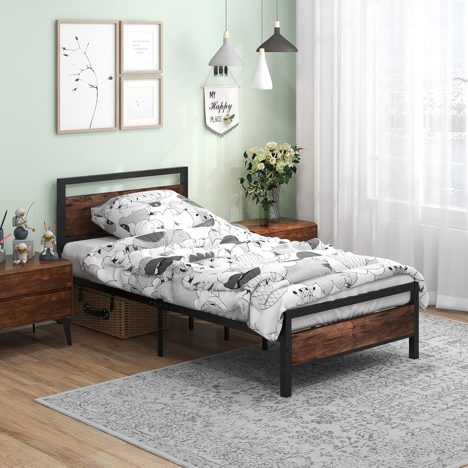 BOFENG Twin Bed Frame with Wood Headboard Farmhouse Bed,Single Bed Frame,Heavy Duty Metal Platform Bed Frame Twin Size No Box Spring Needed,Firm Mattress Foundation,Brown - Image 4