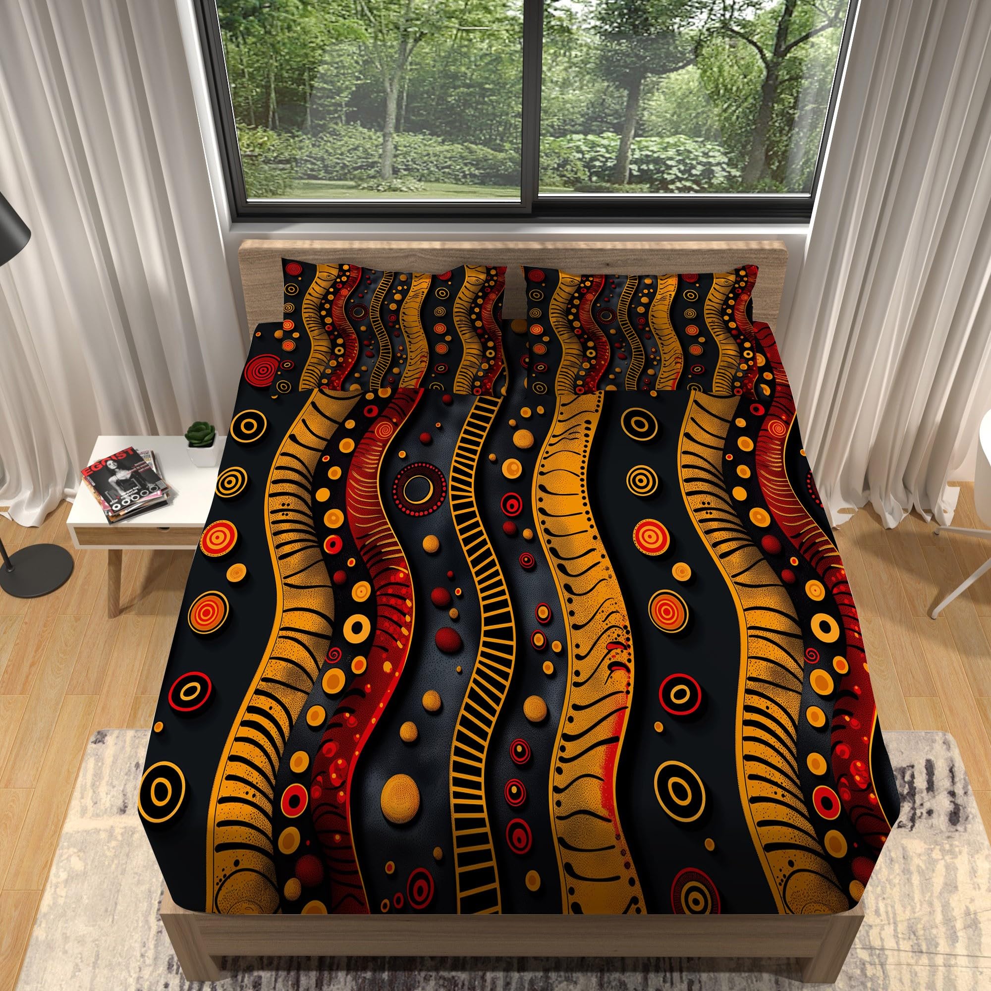 Prześcieradło z gumką 160 x 200 cm, tradycyjny wzór w paski, ochraniacz na materac z mikrofibry, antypoślizgowy design, na materace do 30 cm, czarno-żółte