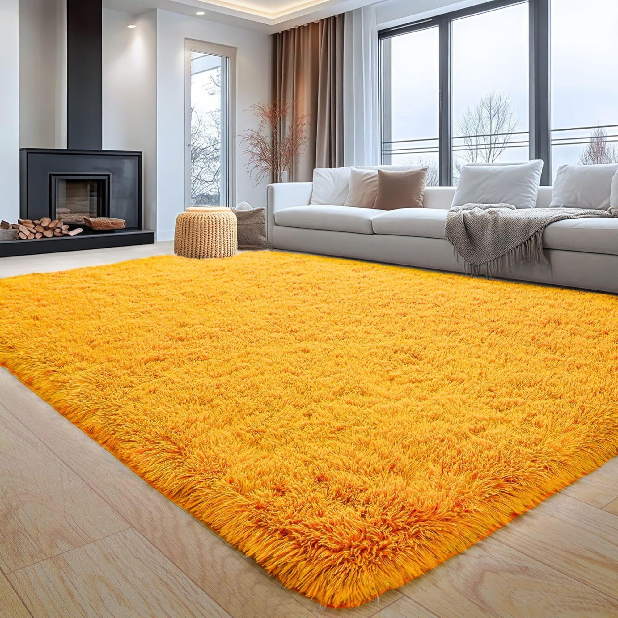Yorkshire Bedding Rugs Living Room Large 160x230 cm Fluffy Shaggy Ochre Area Rugs for Bedroom 450 GSM Non-Slip Super Soft Plush Carpets Non-Shedding with 1.4 Inches Pile Height for Lounge Kids Room