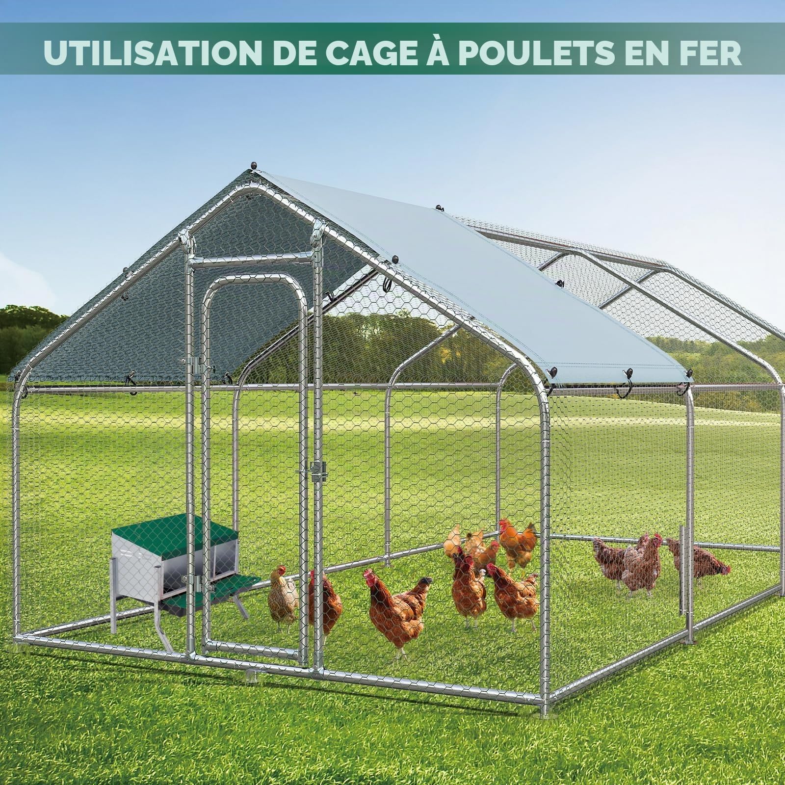 Pondoir à œufs Roulant 3 Compartiments, Métal Galvanisé, Toit Ventilé, Bac Amovible, pour Poulailler Et Basse-Cour