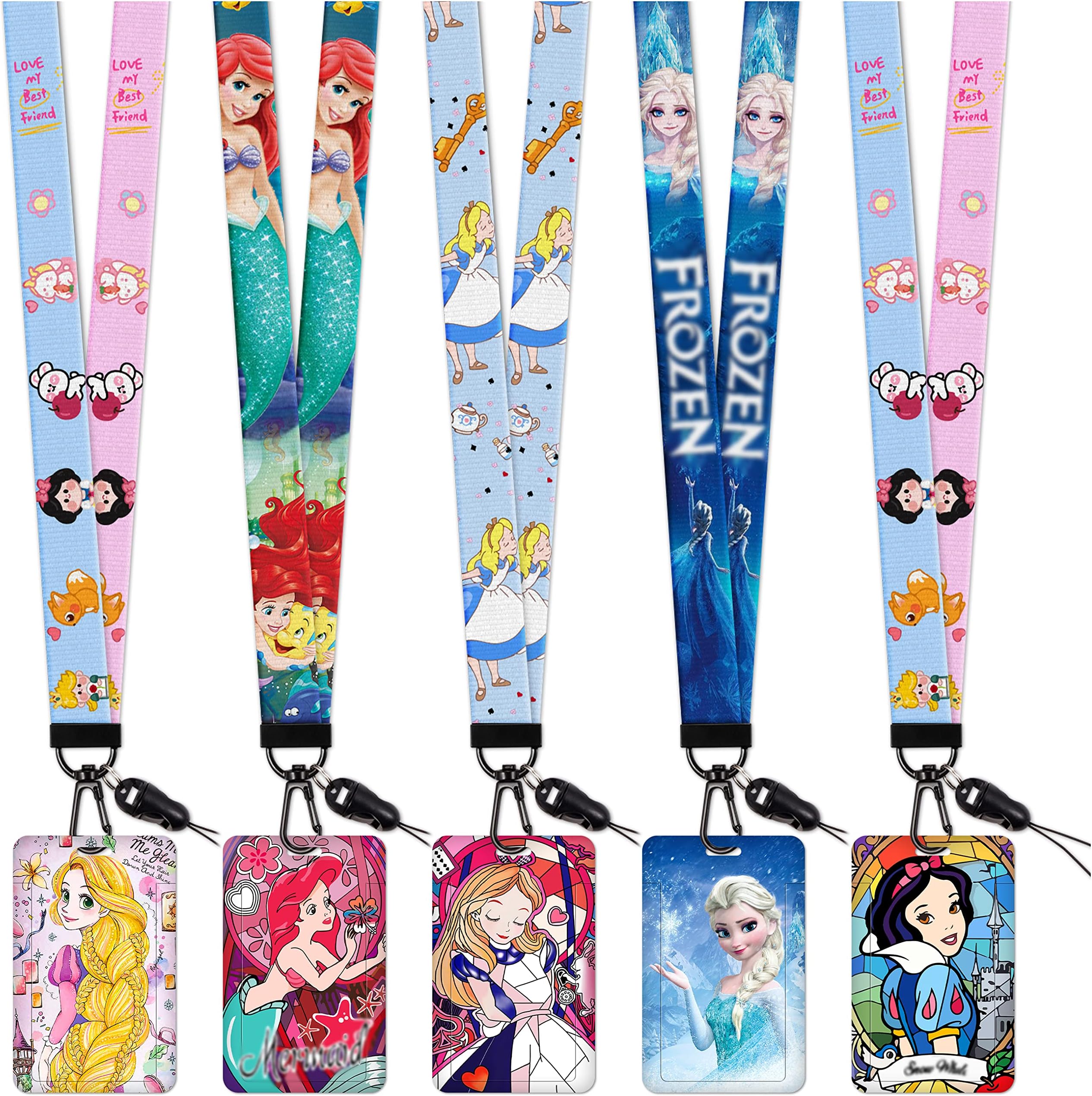 Akkya 5 Pack Neck Lanyard with ID Badge Holder for Keys Key Chain Card Cute Kawaii Cartoon Princess Lanyards for Women Guys Girl Kids Teachers The Office Keychains
