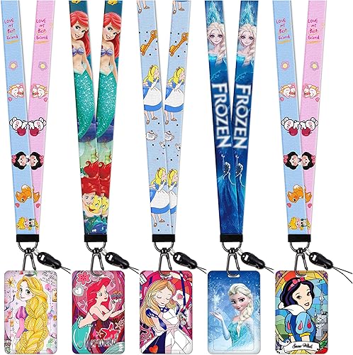 Akkya Paquete de 5 cordones para el cuello con soporte para tarjetas de identificación para llaves, tarjetas de dibujos animados kawaii de princesa
