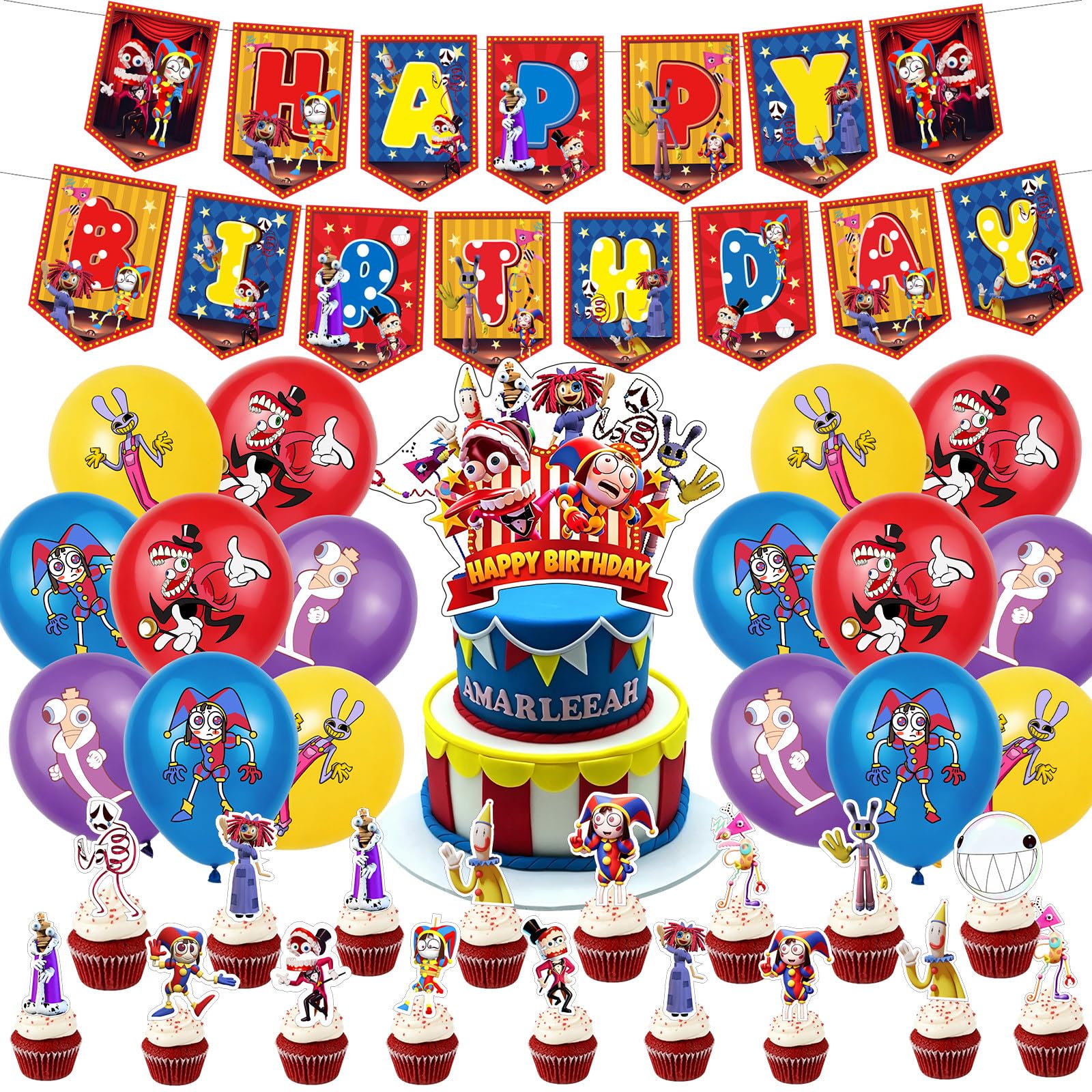 44Pcs Digital Circus Birthday Party Decorations Set Supplies Include Balloons, Banner, Cake Topper & Cupcake Toppers for Fans Lover Girls Boy