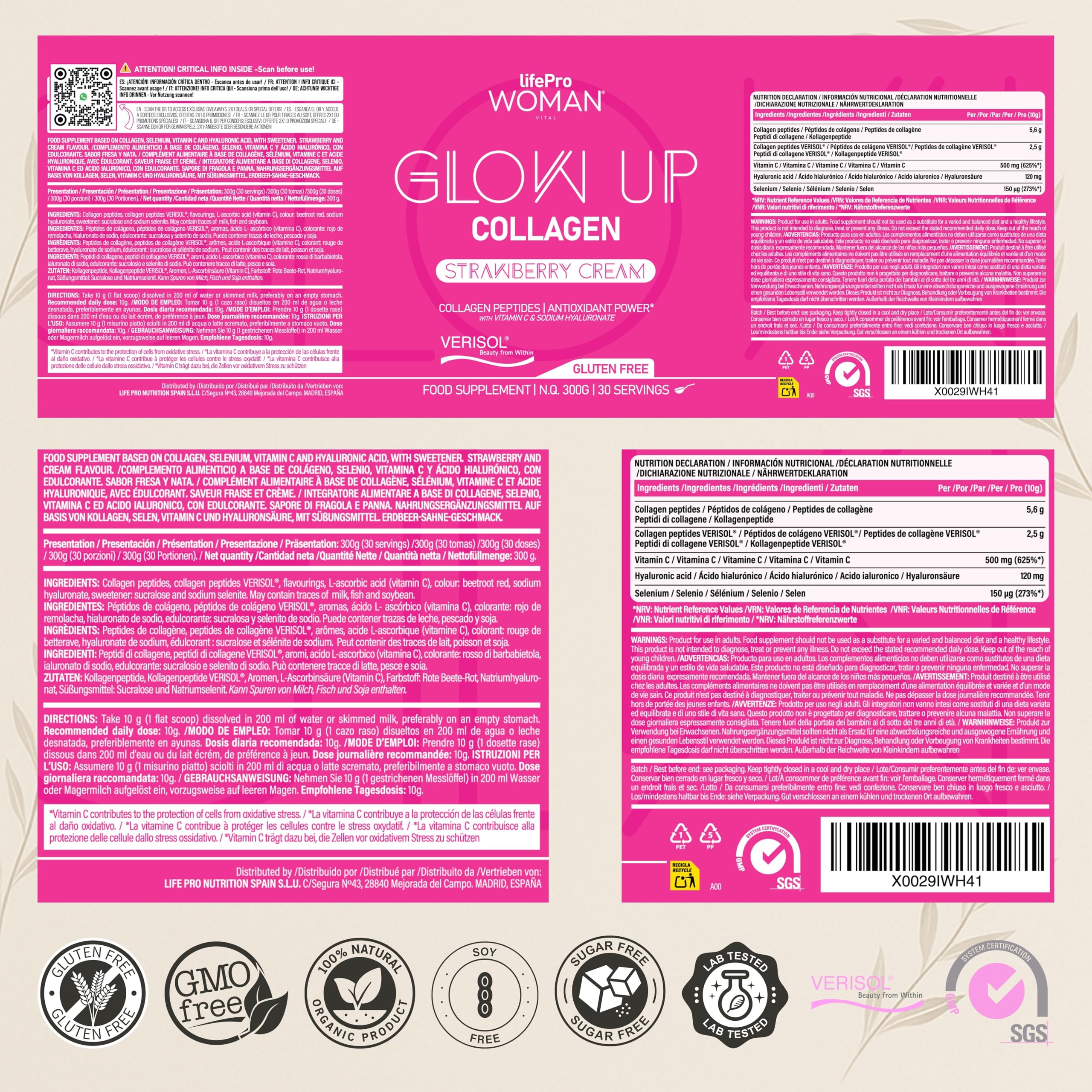 Life Pro Colágeno Hidrolizado Puro Verisol en Polvo con Vitamina C, Ácido Hialurónico y Selenio – Colágeno en Polvo de 300g (30 Dosis) Sin Azúcar, Sabor a Strawberry Cream para Piel, Cabello y Uñas