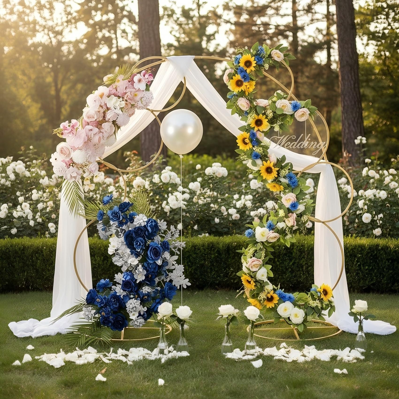 Soporte de arco de boda redondo dorado de 5 pies, marco de arco de flores de metal de 4 niveles para fondo de cabina de globos de fotos, 2 soportes de flores para centro de mesa de boda