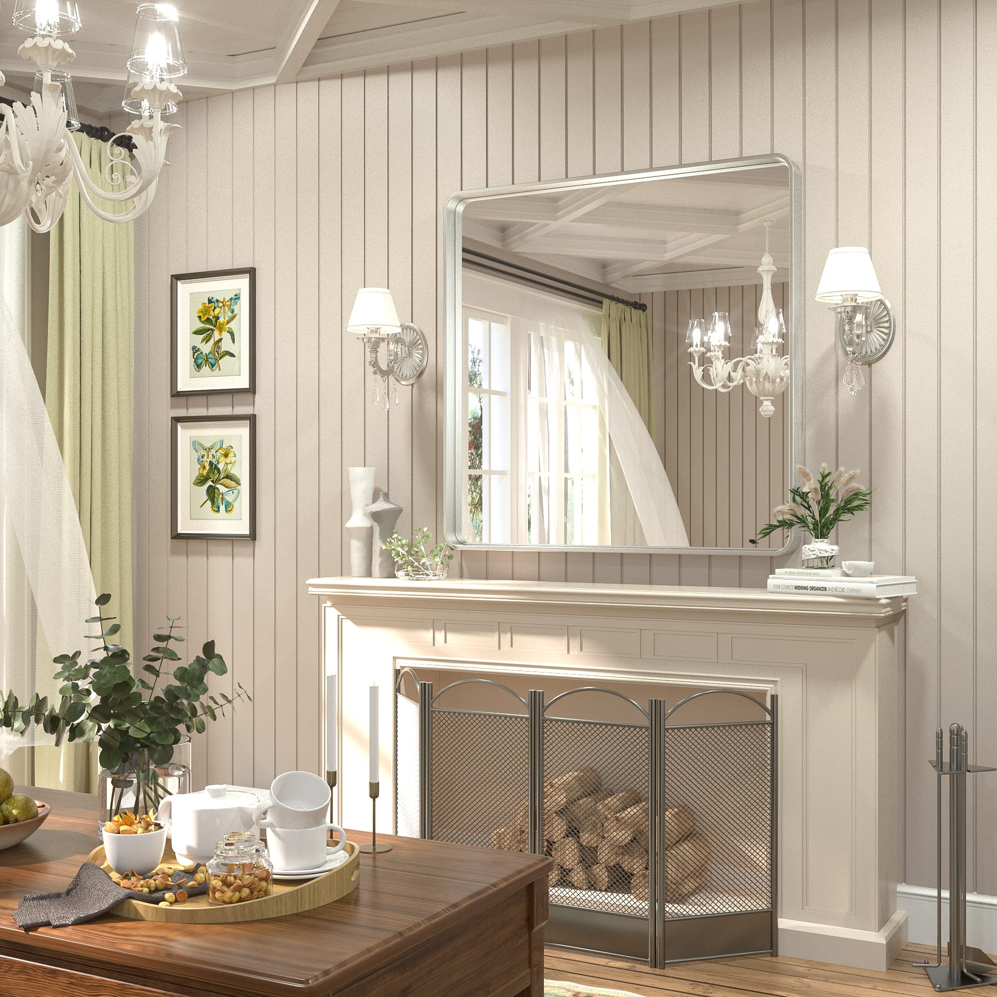 TETOTE Silver Bathroom Mirror, 36x36 Inch Wall Mounted Square Brushed Metal Framed Modern Farmhouse Decorative Vanity Mirror for Living Room Entryway