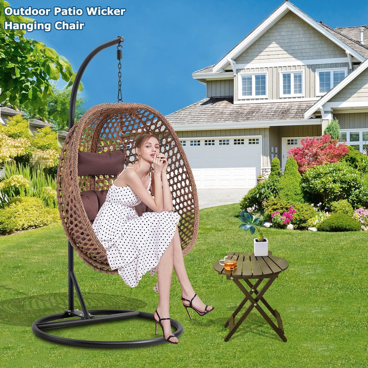 Hanging Egg Chair with Stand & Cushions, Outdoor and Indoor Hammock Rattan Swing Chair 350 lbs Capacity with Aluminum Steel Frame for Patio, Balcony, Backyard and Living Spaces (Dark Brown)