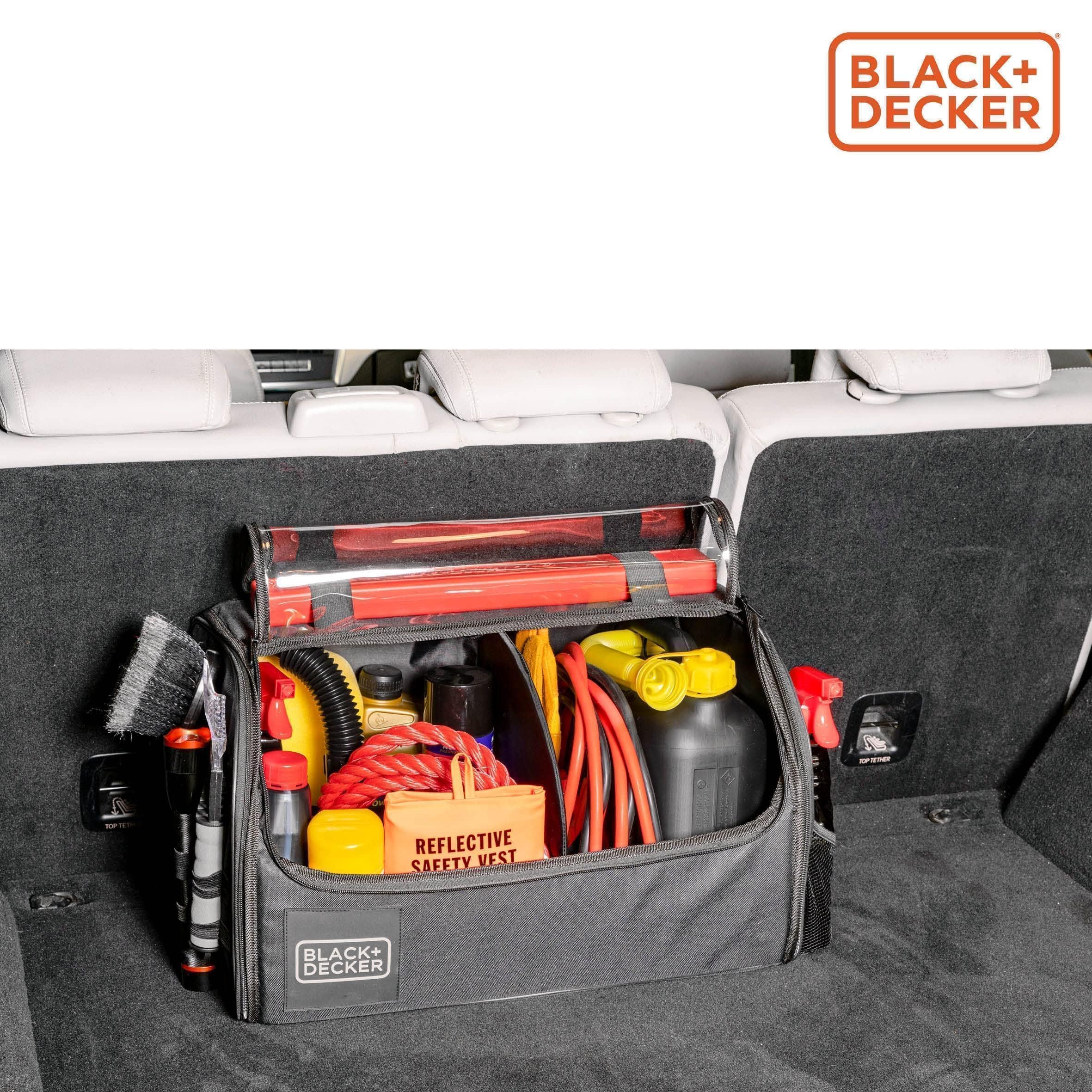 BLACK+DECKER Organizer do bagażnika – torba do bagażnika z przezroczystą pokrywą – 2 główne i kilka kieszeni bocznych – powierzchnia antypoślizgowa – poliester – czarny